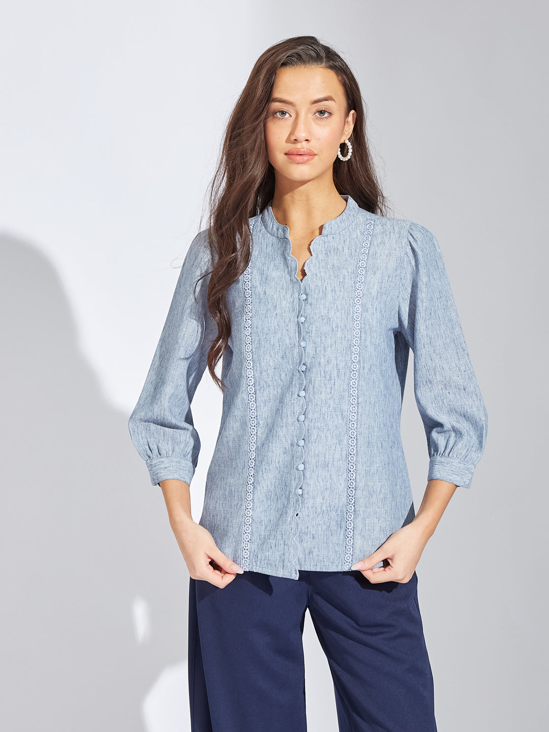 Latin Quarters Women Blue Mandarin Collar 3/4th Sleeves Solid Shirt Blouse For Casual