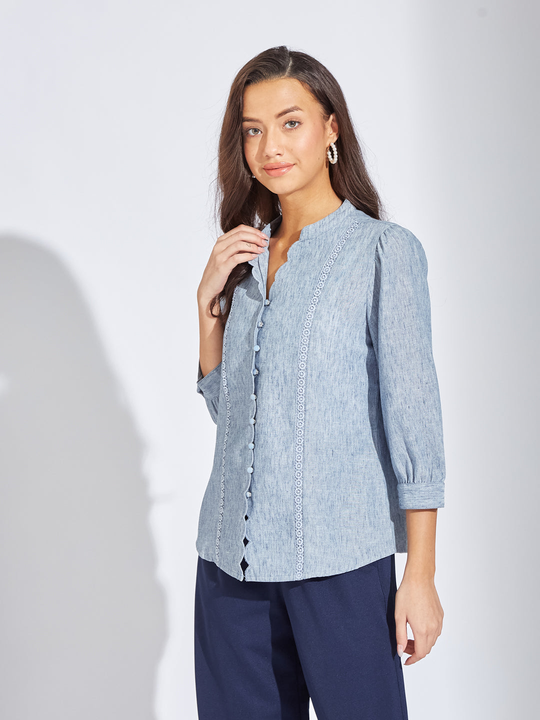 Latin Quarters Women Blue Mandarin Collar 3/4th Sleeves Solid Shirt Blouse For Casual
