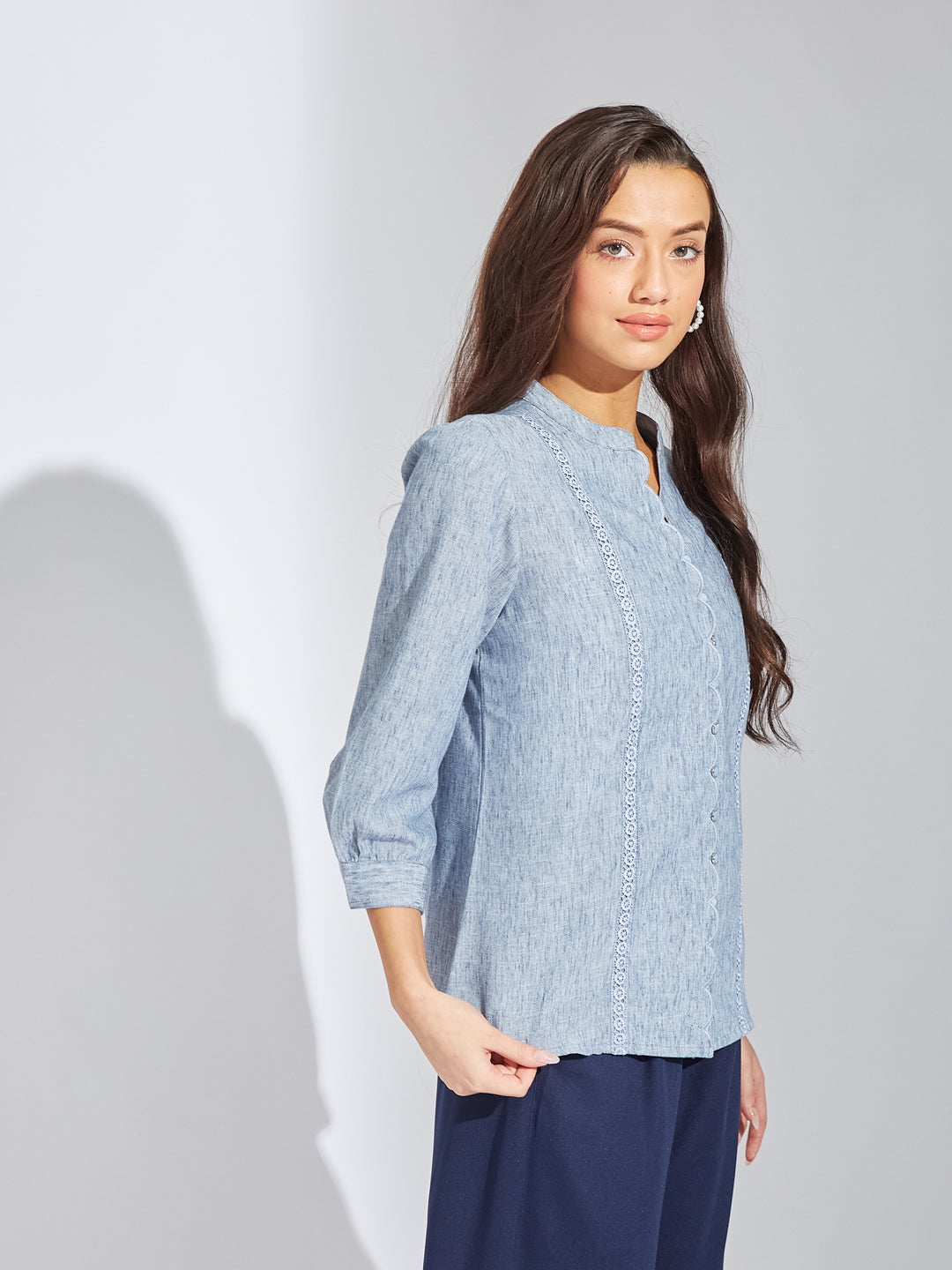 Latin Quarters Women Blue Mandarin Collar 3/4th Sleeves Solid Shirt Blouse For Casual
