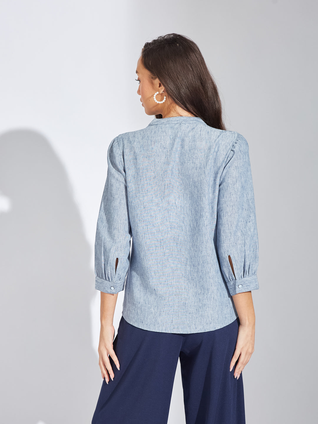 Latin Quarters Women Blue Mandarin Collar 3/4th Sleeves Solid Shirt Blouse For Casual