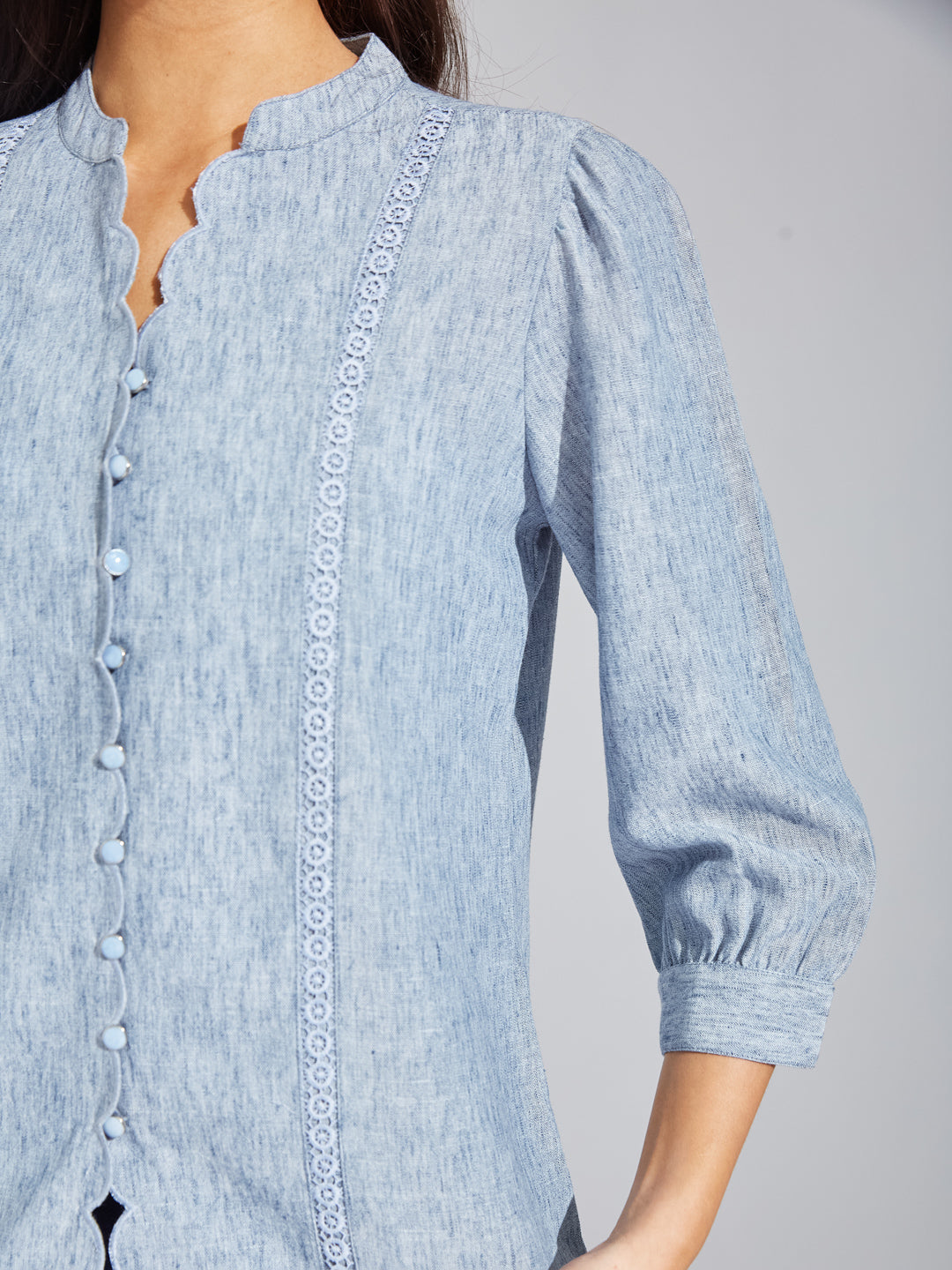 Latin Quarters Women Blue Mandarin Collar 3/4th Sleeves Solid Shirt Blouse For Casual