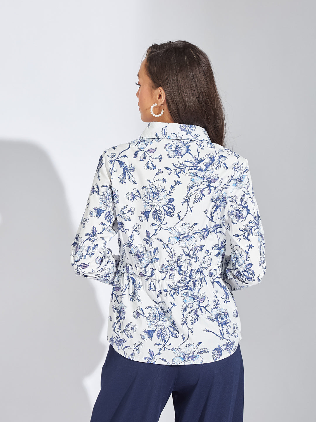 Latin Quarters Women Blue Collar Neck Full Sleeves Printed Shirt Blouse For Casual