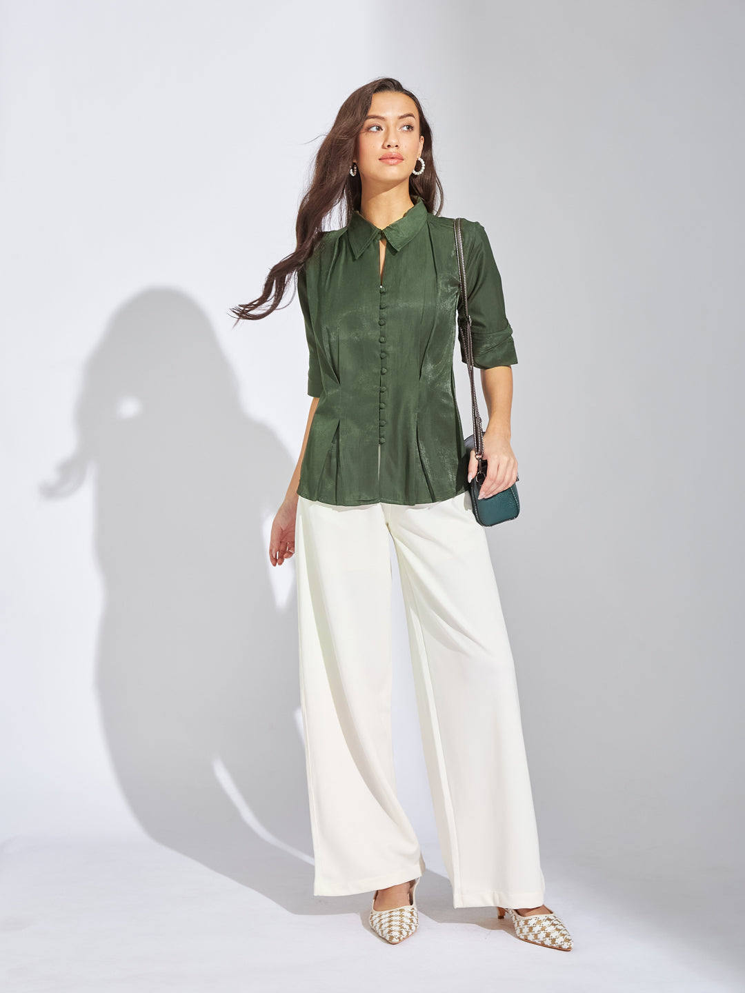 Latin Quarters Women Green Collar Neck Half Sleeves Solid Blouse Top For Evening
