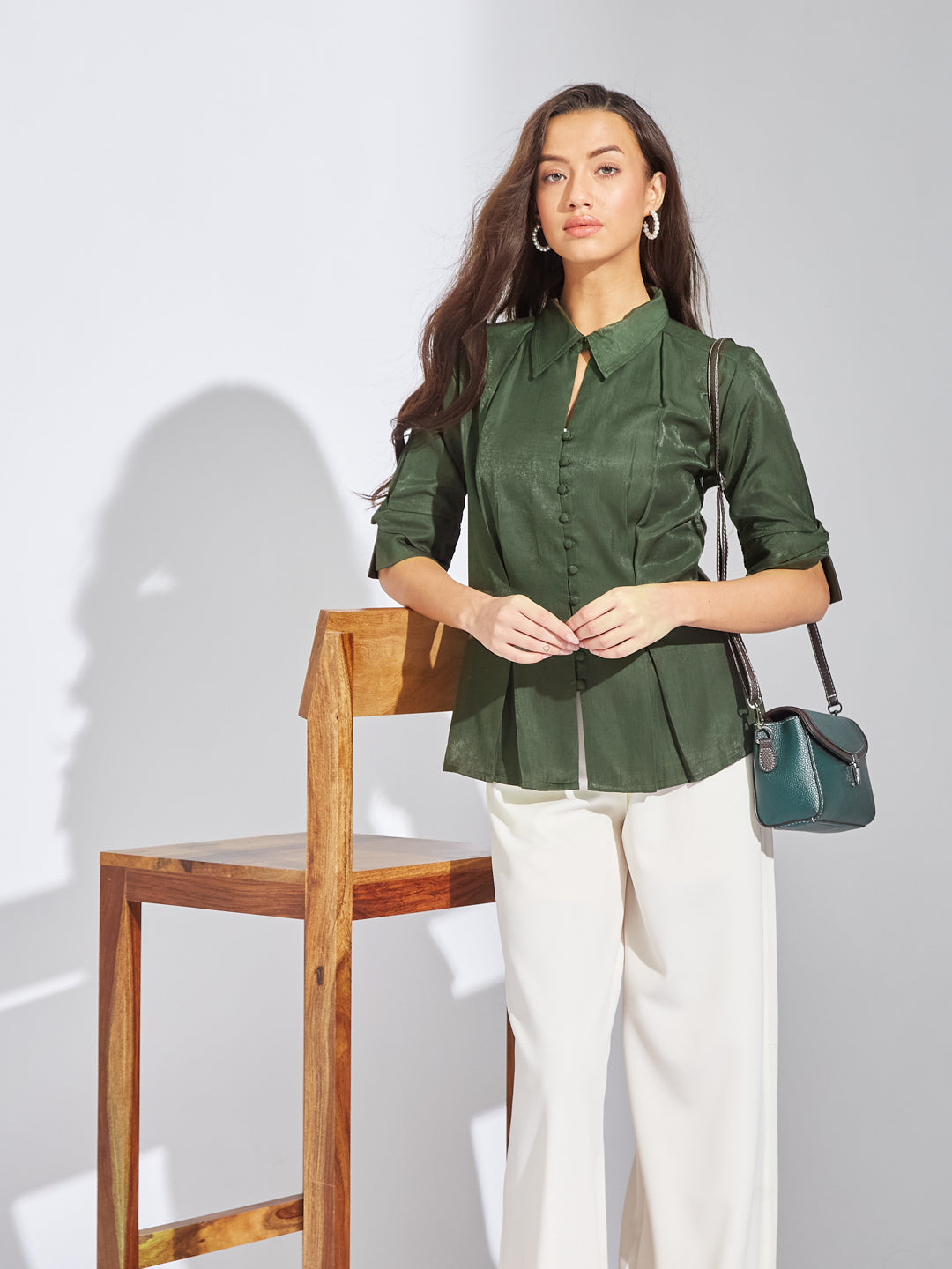 Latin Quarters Women Green Collar Neck Half Sleeves Solid Blouse Top For Evening