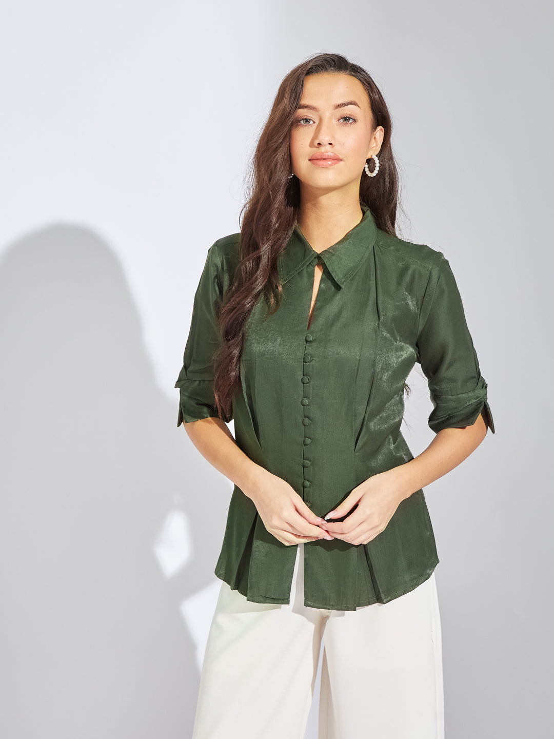 Latin Quarters Women Green Collar Neck Half Sleeves Solid Blouse Top For Evening
