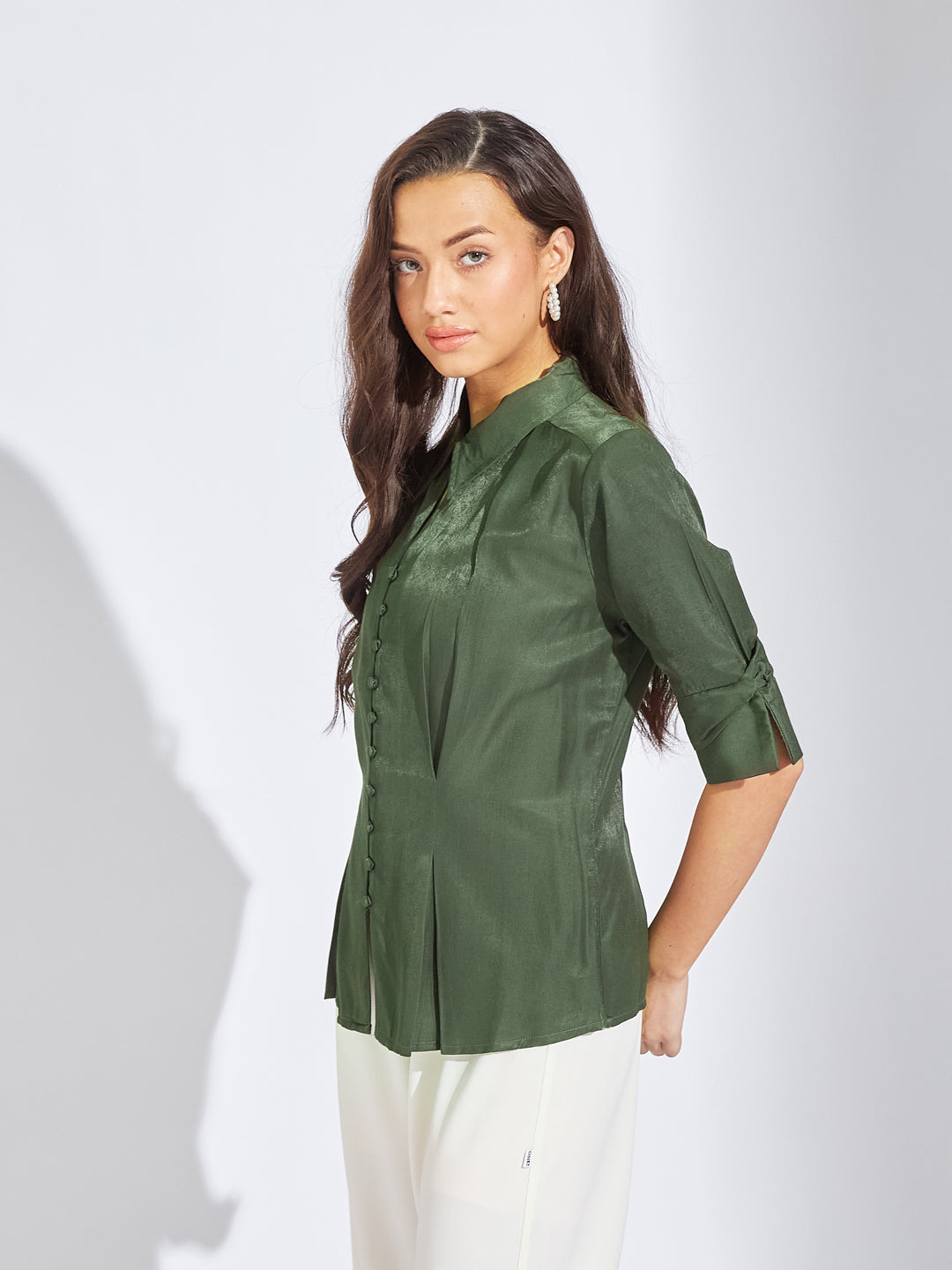 Latin Quarters Women Green Collar Neck Half Sleeves Solid Blouse Top For Evening