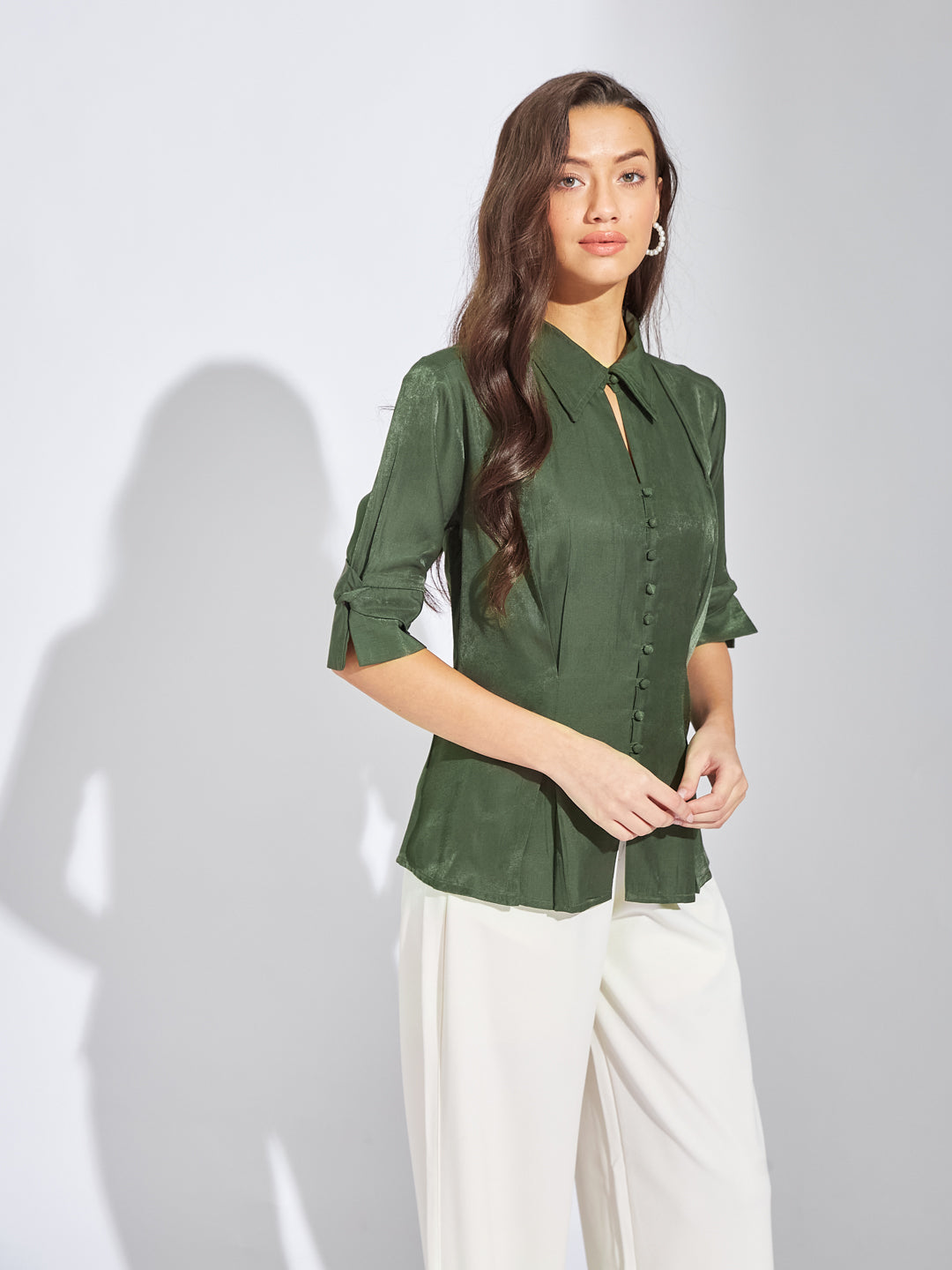 Latin Quarters Women Green Collar Neck Half Sleeves Solid Blouse Top For Evening