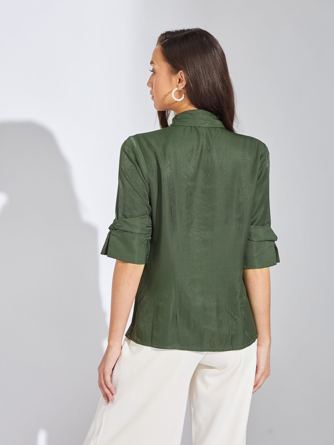 Latin Quarters Women Green Collar Neck Half Sleeves Solid Blouse Top For Evening