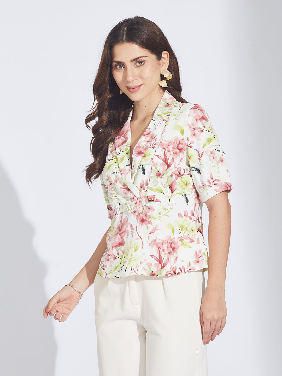 Latin Quarters Women's Green Floral Print Lapel Collar Wrap-Front Top