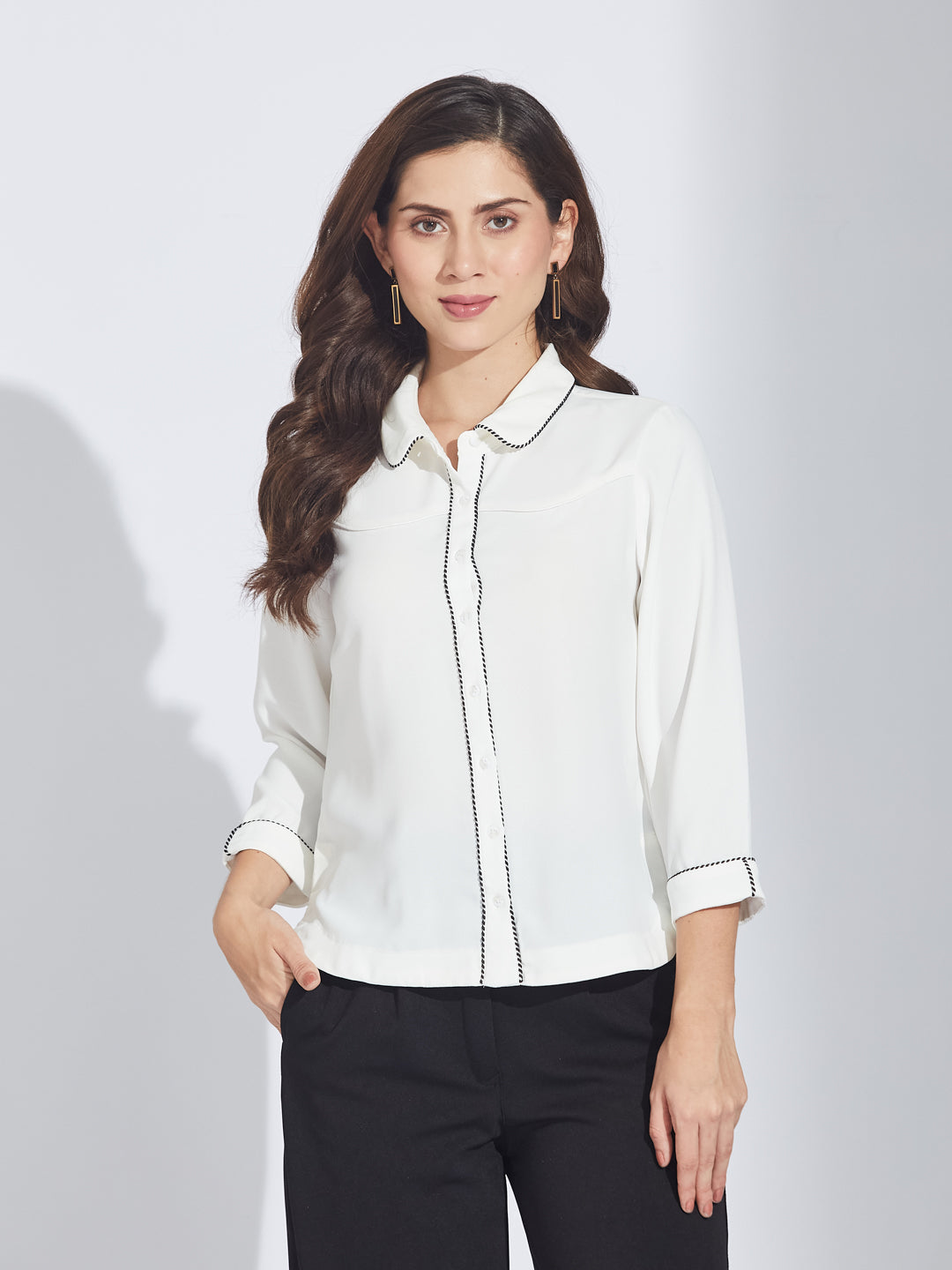 Latin Quarters Women's White Cherry Shirt with Black & White Tape Detail