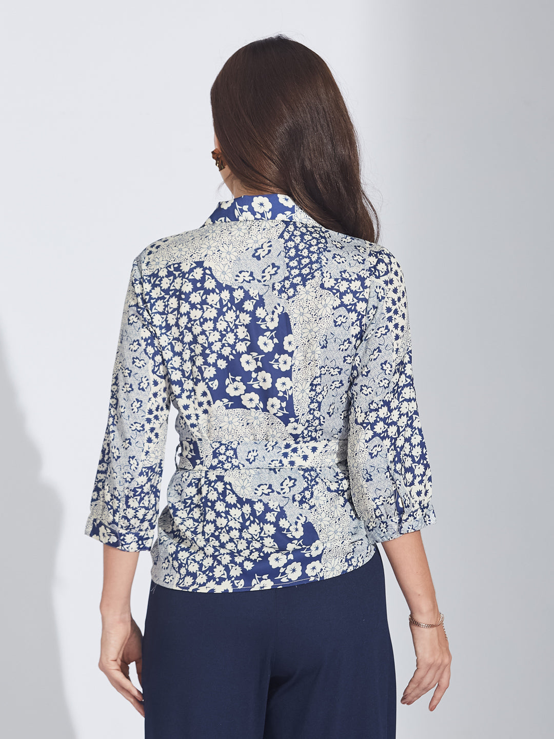Latin Quarters Women's Blue Floral Print Satin Wrap Shirt with Tie-Up Belt