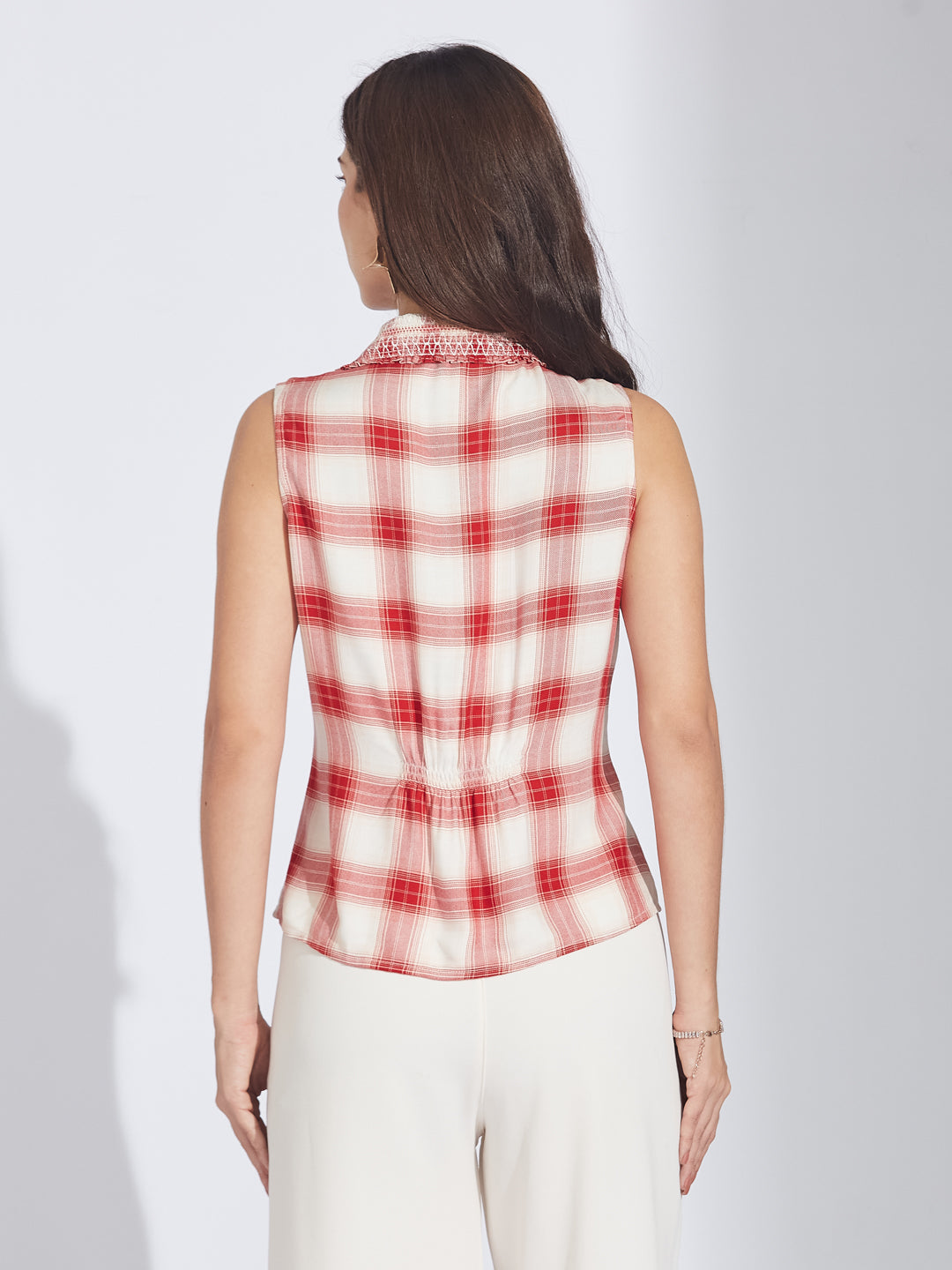 Latin Quarters Women's Red Check Sleeveless Collared Top