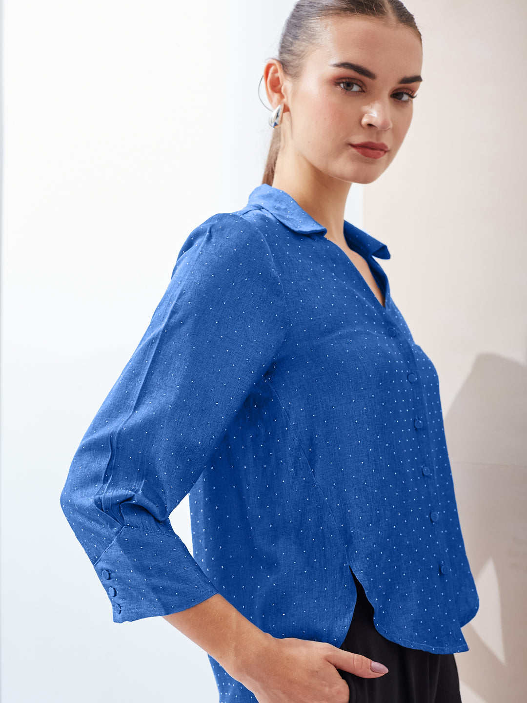 Latin Quarters Women Blue Spread Collar Long Sleeves Shirt for Casual Wear