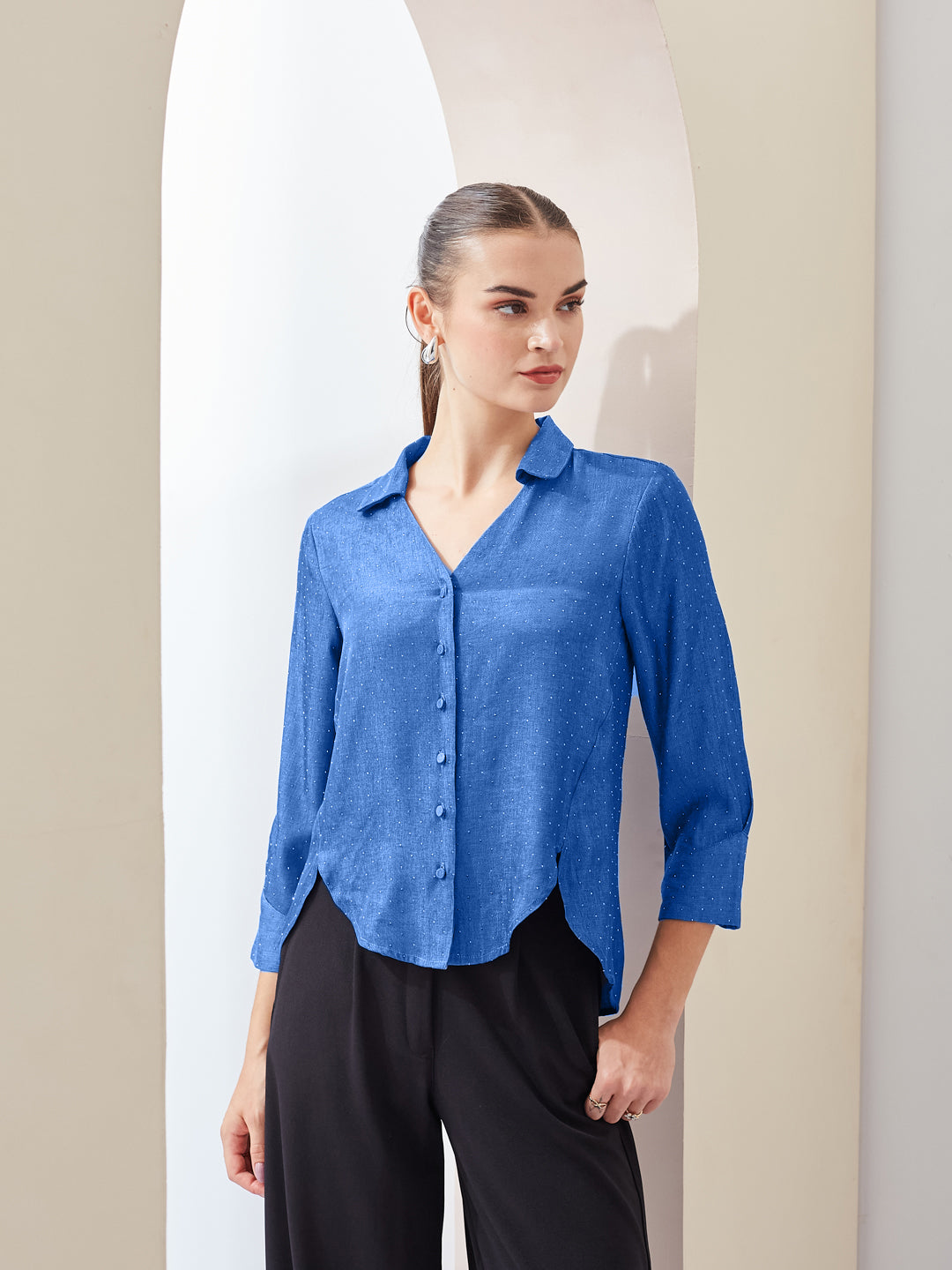 Latin Quarters Women Blue Spread Collar Long Sleeves Shirt for Casual Wear