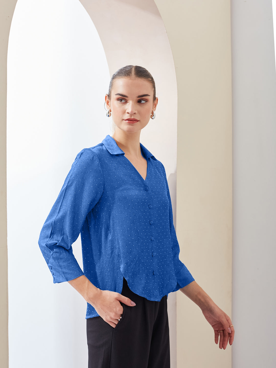 Latin Quarters Women Blue Spread Collar Long Sleeves Shirt for Casual Wear