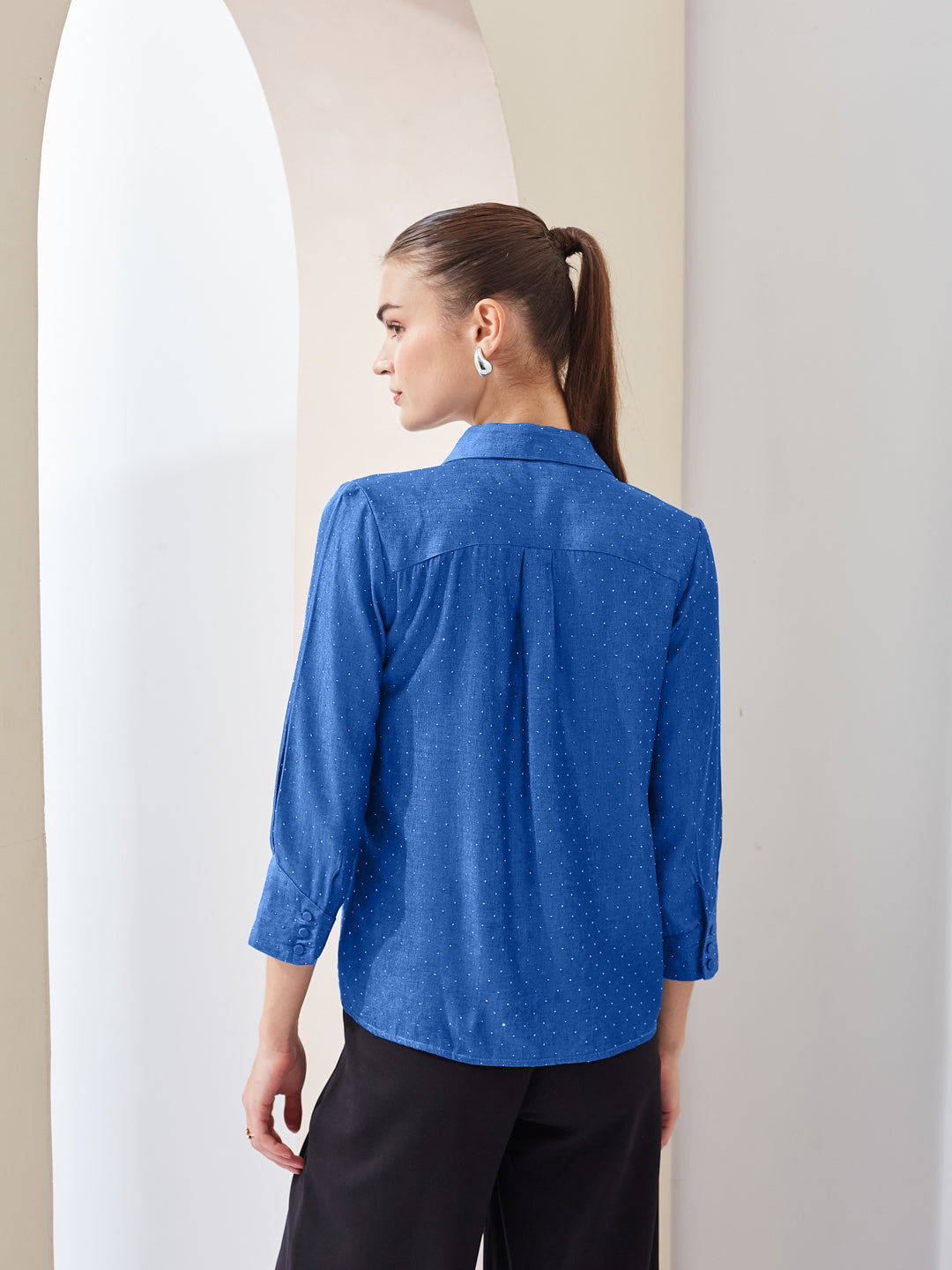 Latin Quarters Women Blue Spread Collar Long Sleeves Shirt for Casual Wear