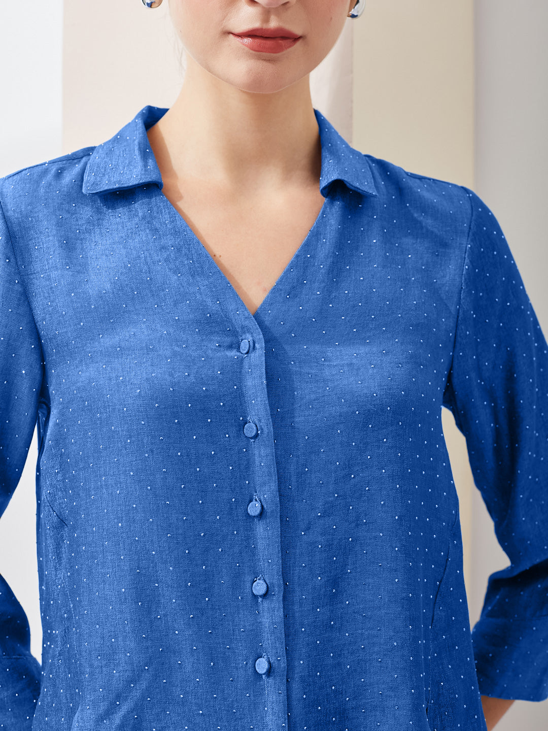 Latin Quarters Women Blue Spread Collar Long Sleeves Shirt for Casual Wear