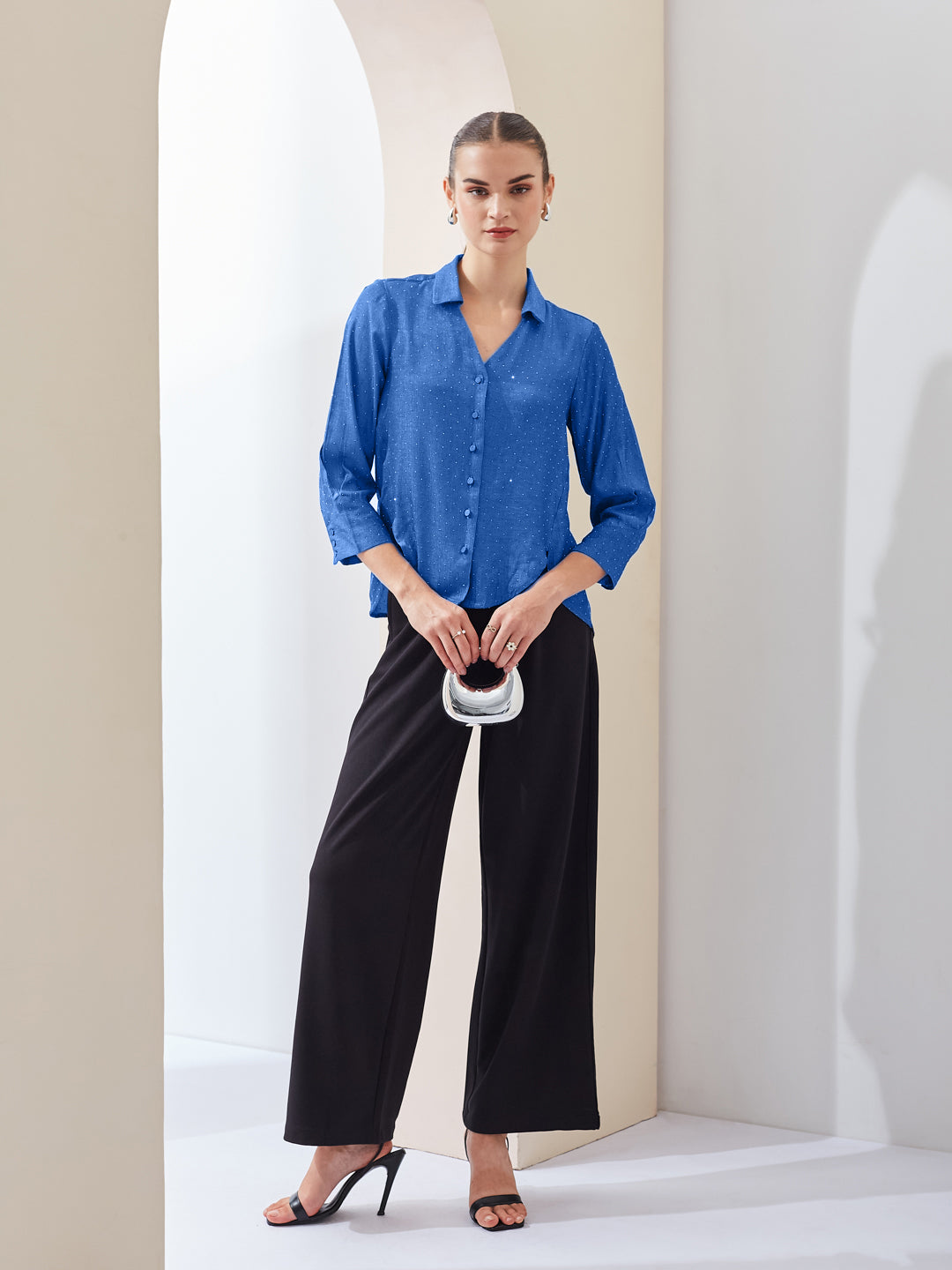 Latin Quarters Women Blue Spread Collar Long Sleeves Shirt for Casual Wear