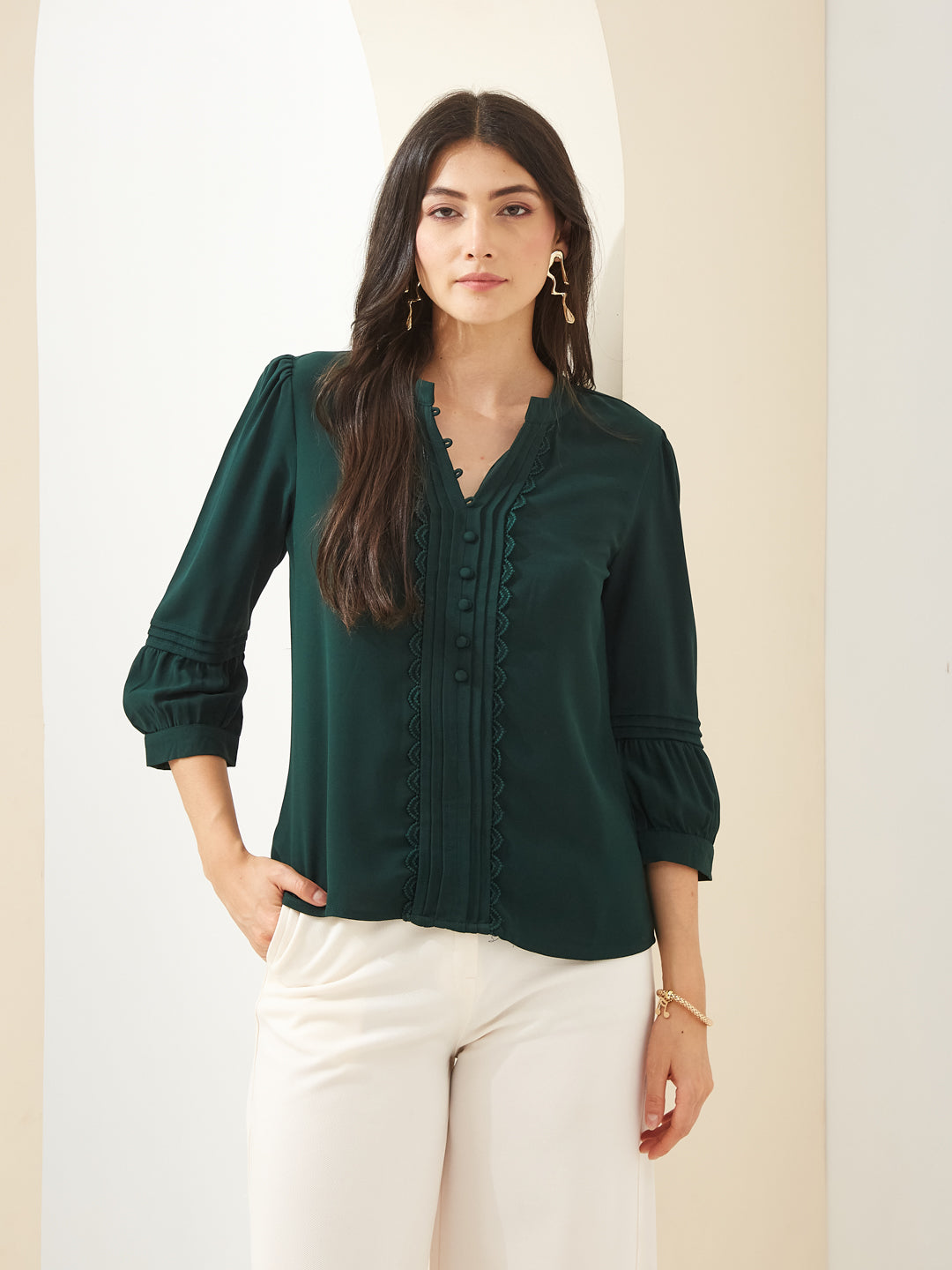Latin Quarters Women Green Collared 3/4Th Sleeves Solid Casual Top