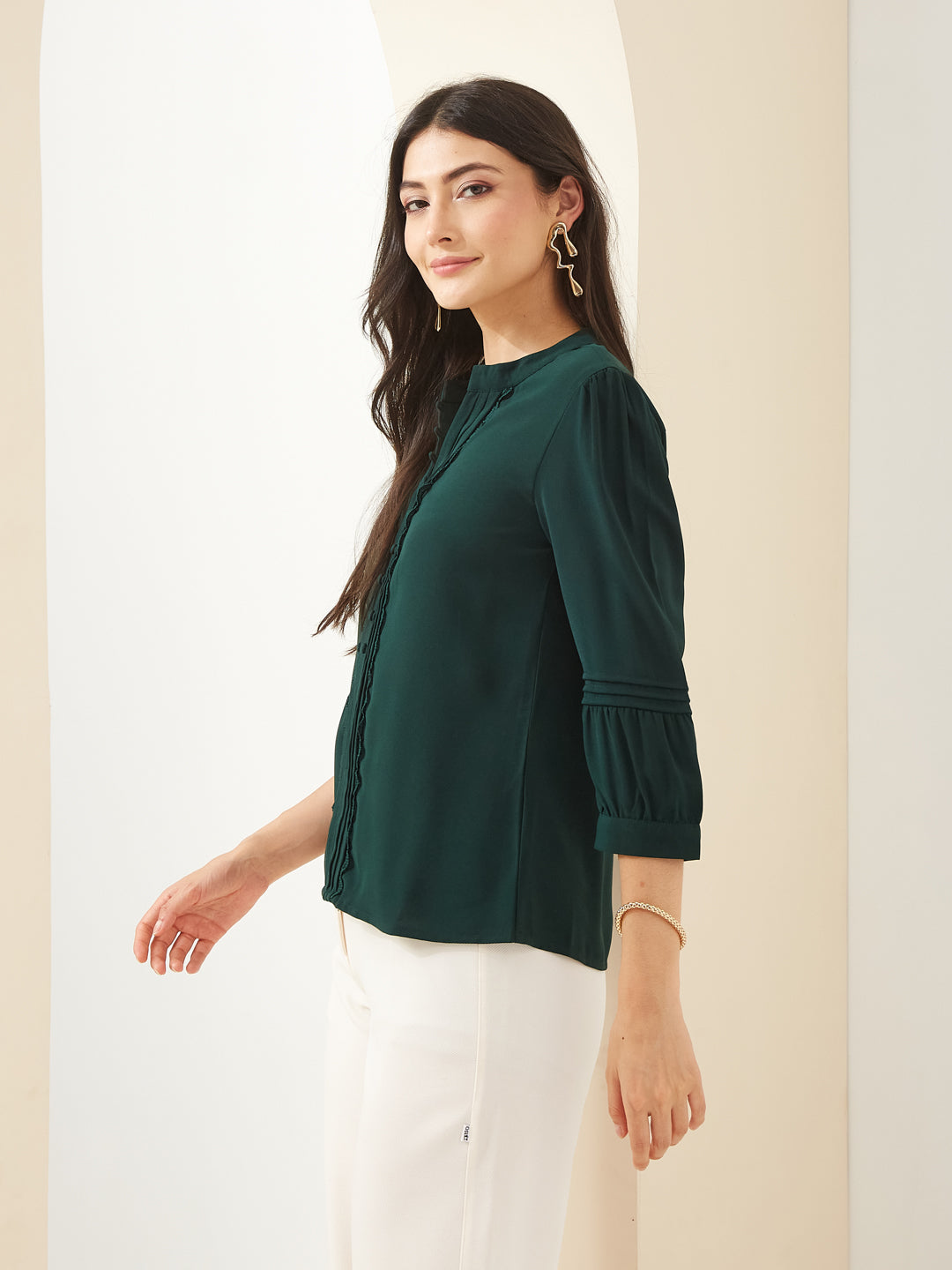 Latin Quarters Women Green Collared 3/4Th Sleeves Solid Casual Top