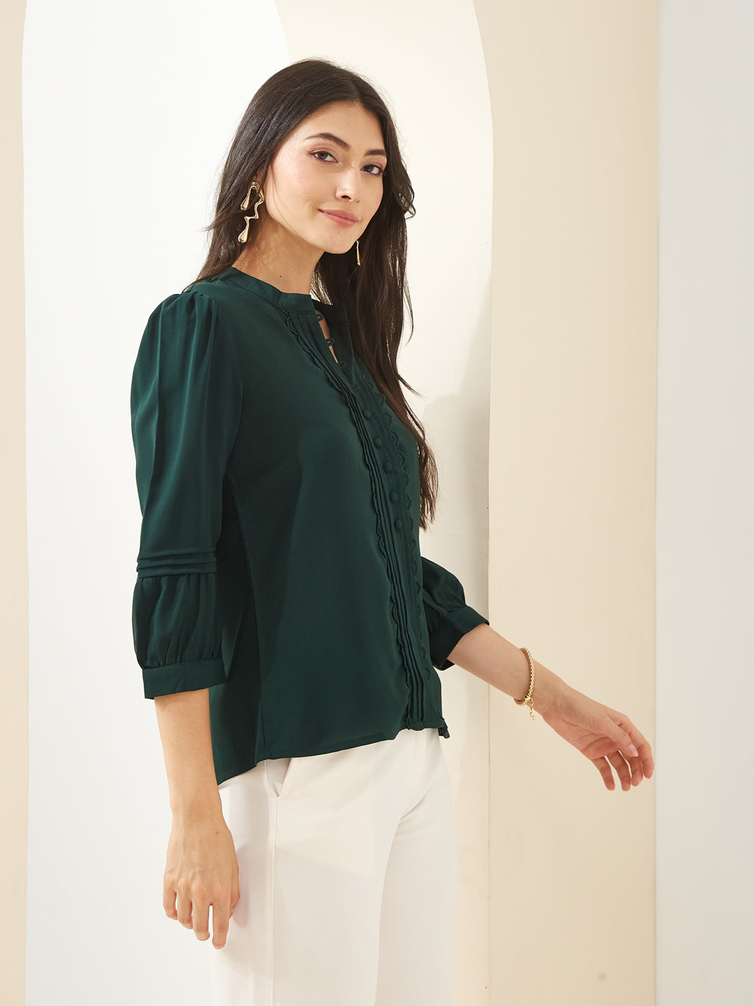Latin Quarters Women Green Collared 3/4Th Sleeves Solid Casual Top