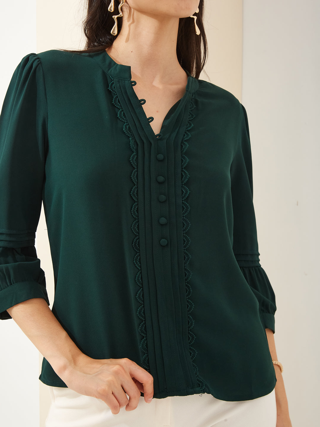 Latin Quarters Women Green Collared 3/4Th Sleeves Solid Casual Top