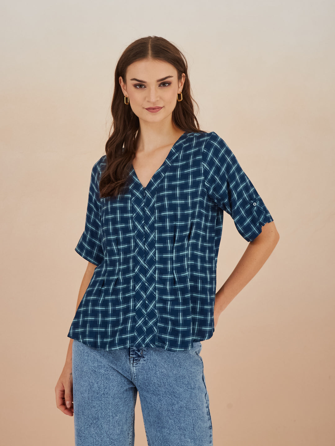 Latin Quarters Women Blue Checked V-Neck Half Sleeves Top for Casual Occasion