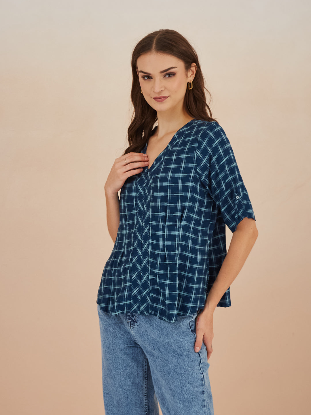 Latin Quarters Women Blue Checked V-Neck Half Sleeves Top for Casual Occasion
