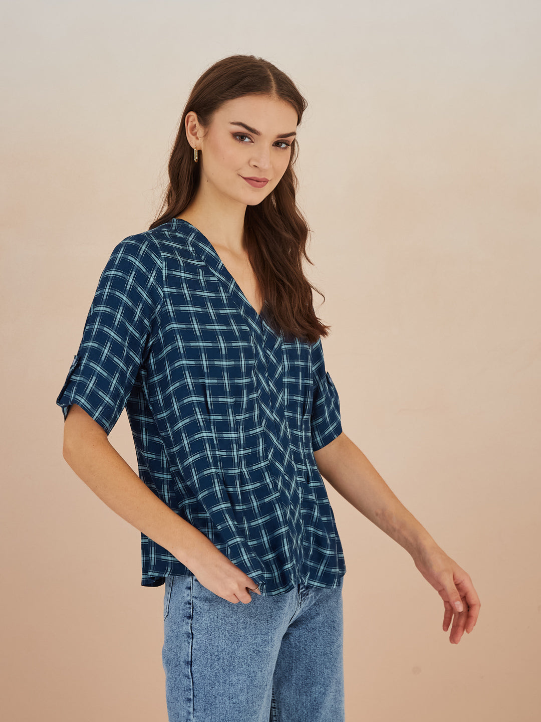 Latin Quarters Women Blue Checked V-Neck Half Sleeves Top for Casual Occasion