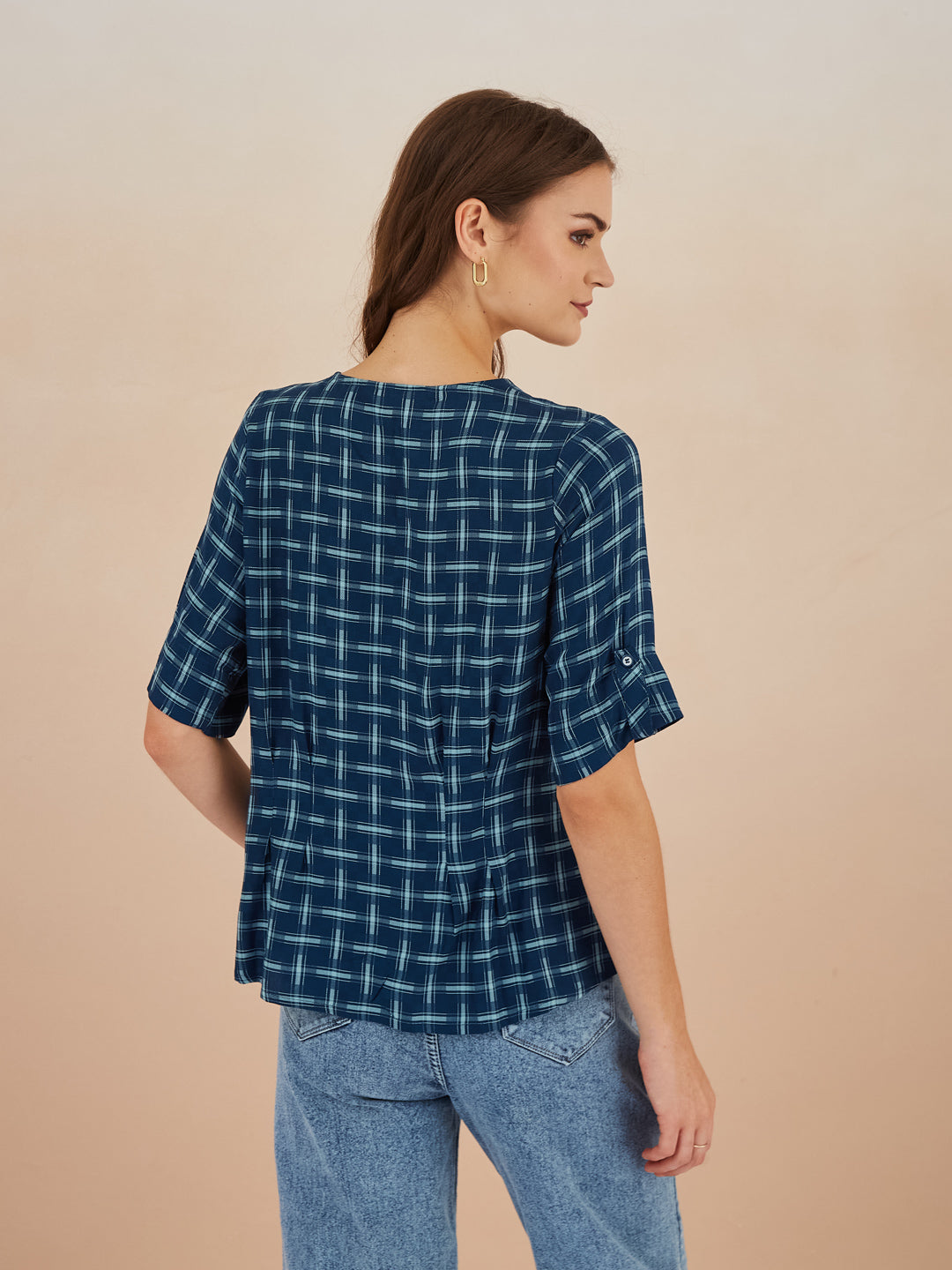 Latin Quarters Women Blue Checked V-Neck Half Sleeves Top for Casual Occasion