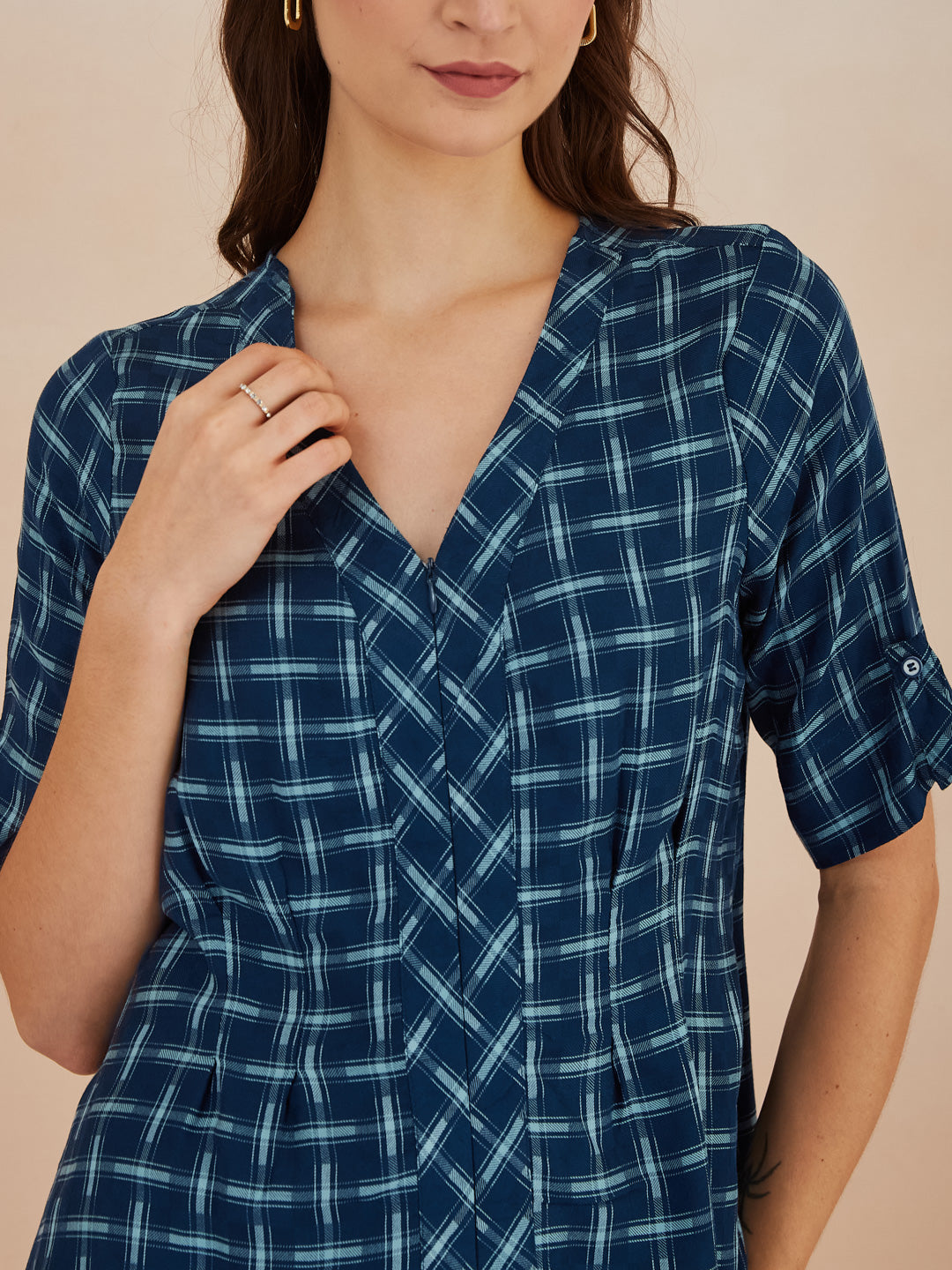 Latin Quarters Women Blue Checked V-Neck Half Sleeves Top for Casual Occasion