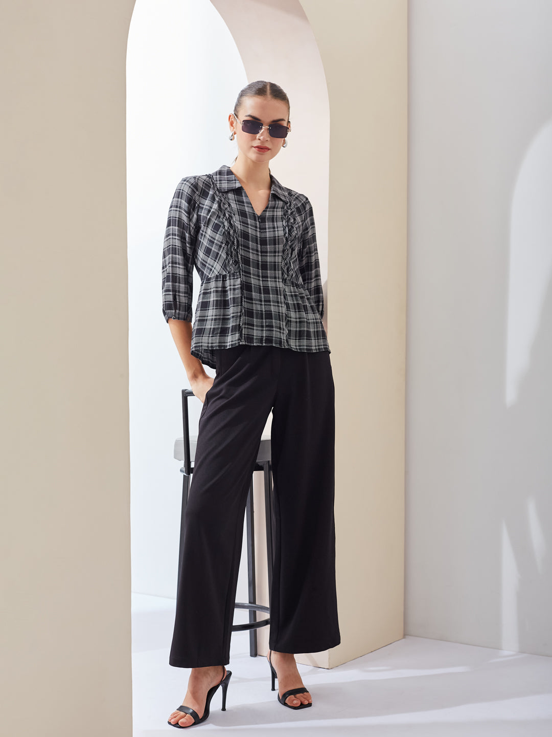 Latin Quarters Women Black Checked Spread Collar 3/4th Sleeve Casual Regular Top