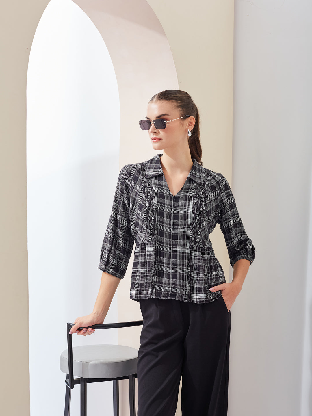 Latin Quarters Women Black Checked Spread Collar 3/4th Sleeve Casual Regular Top