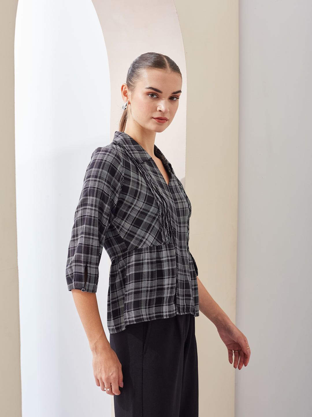 Latin Quarters Women Black Checked Spread Collar 3/4th Sleeve Casual Regular Top