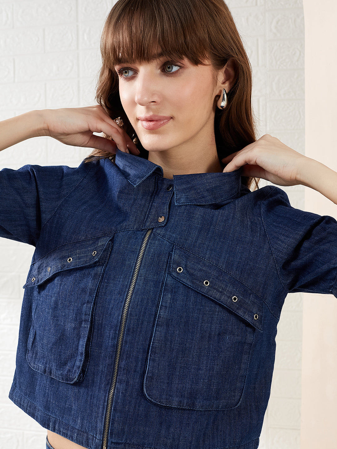 Latin Quarters Women's Blue Half Sleeves Collared Solid Casual Crop Shirt