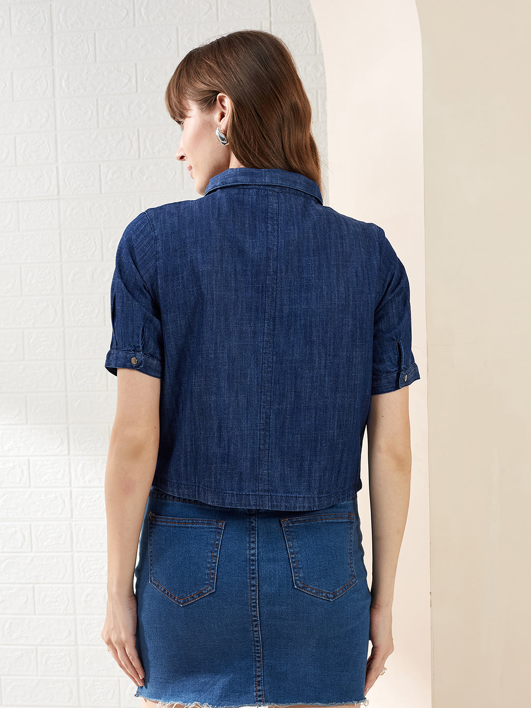 Latin Quarters Women's Blue Half Sleeves Collared Solid Casual Crop Shirt