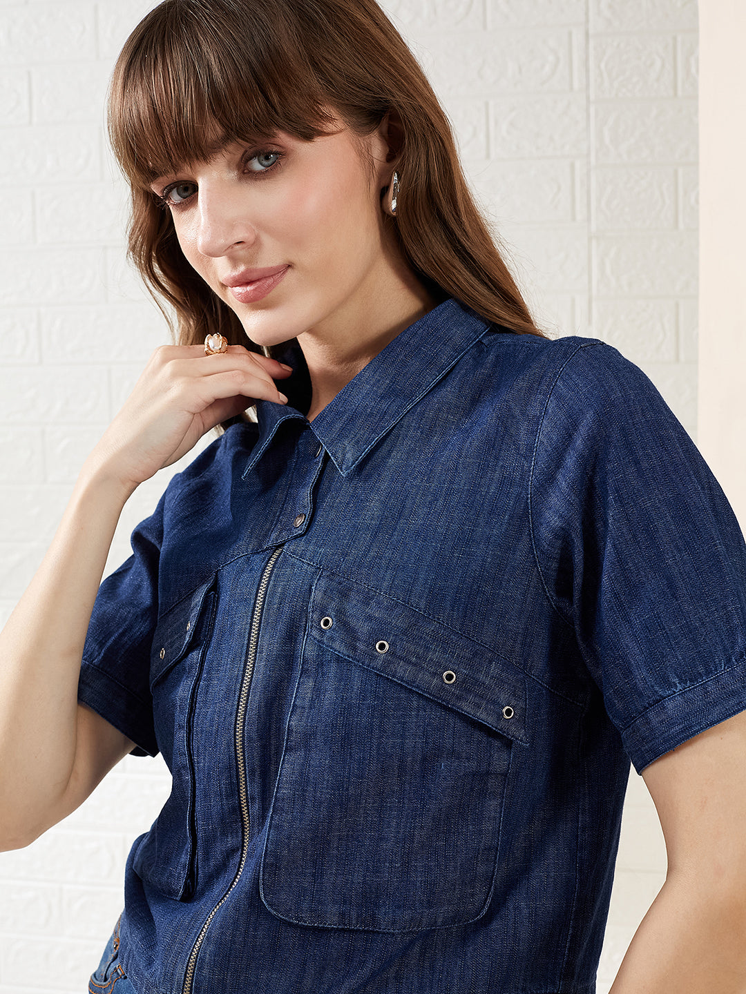 Latin Quarters Women's Blue Half Sleeves Collared Solid Casual Crop Shirt