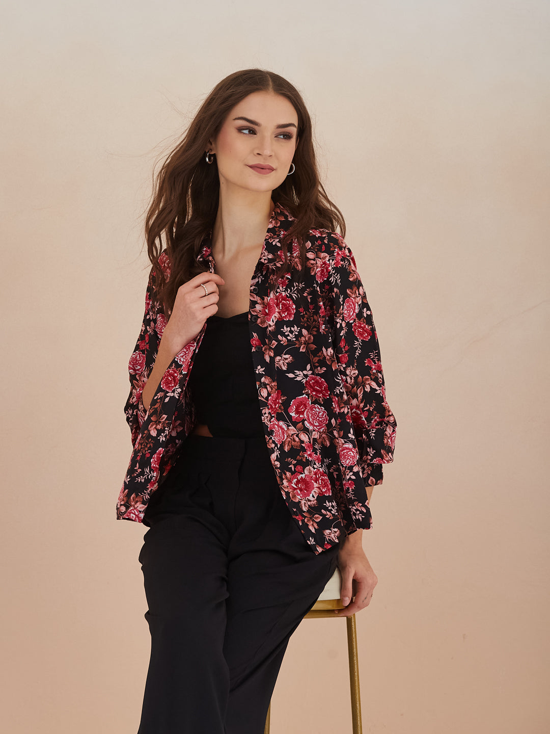 Latin Quarters Women Black Floral Print 3/4Th Sleeves Collared Shirt For Casual Wear