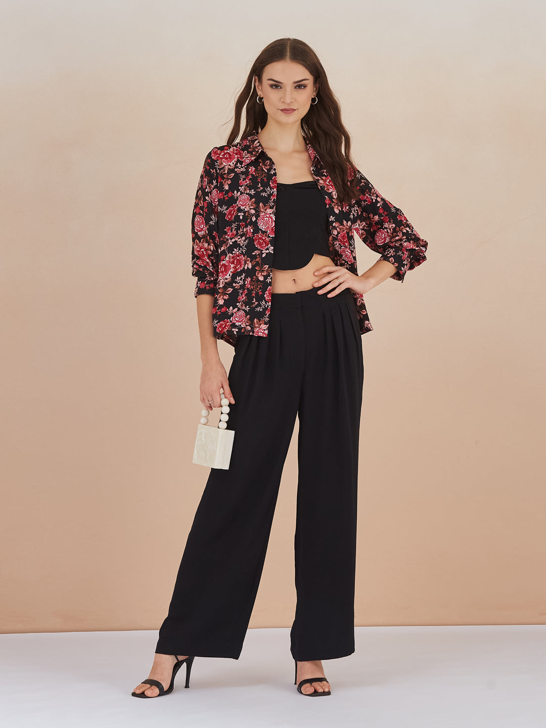 Latin Quarters Women Black Floral Print 3/4Th Sleeves Collared Shirt For Casual Wear