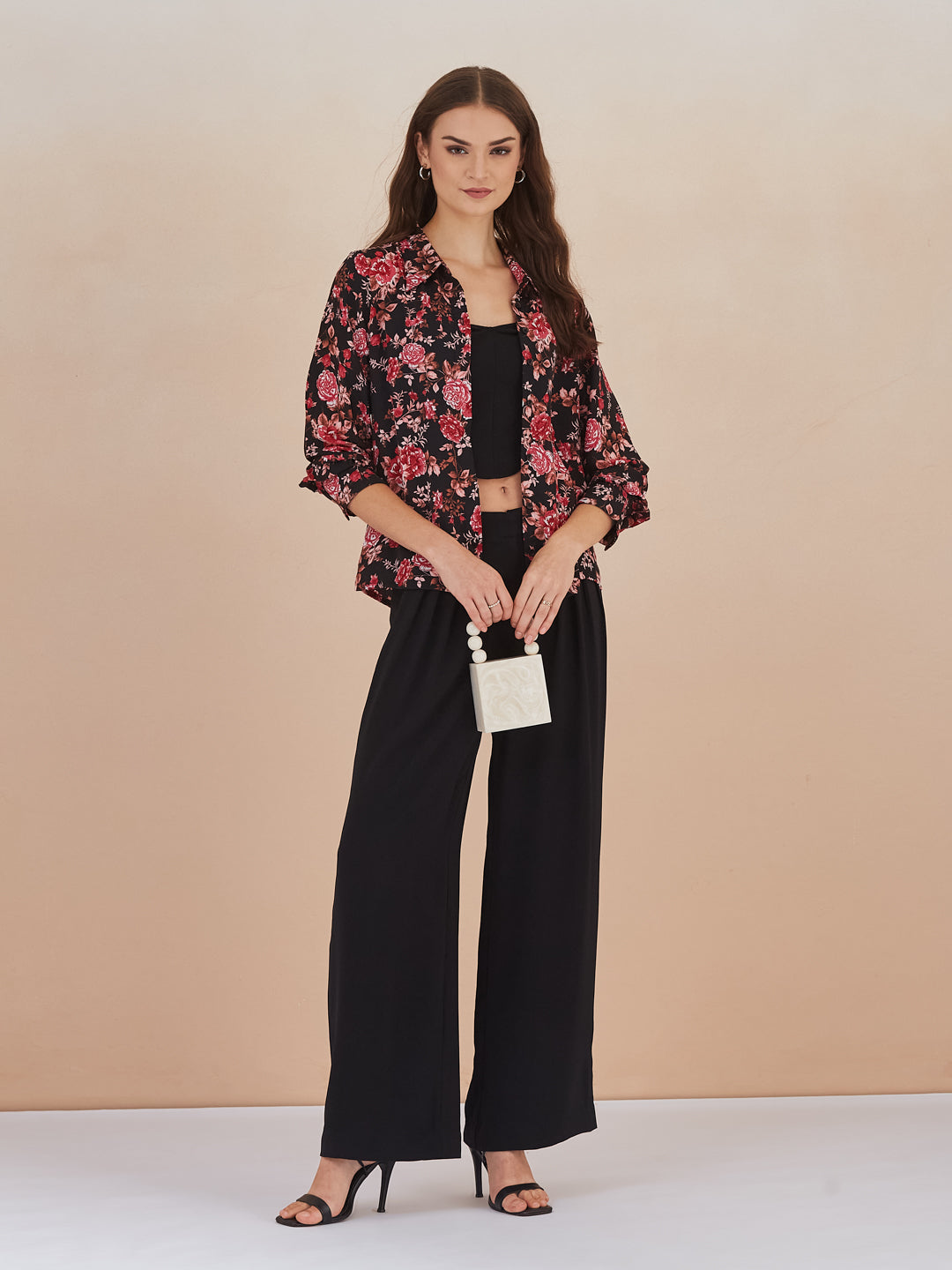Latin Quarters Women Black Floral Print 3/4Th Sleeves Collared Shirt For Casual Wear