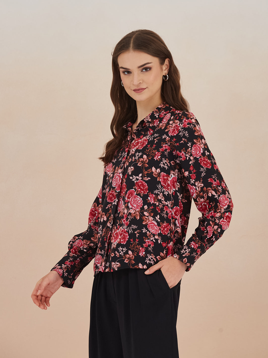 Latin Quarters Women Black Floral Print 3/4Th Sleeves Collared Shirt For Casual Wear