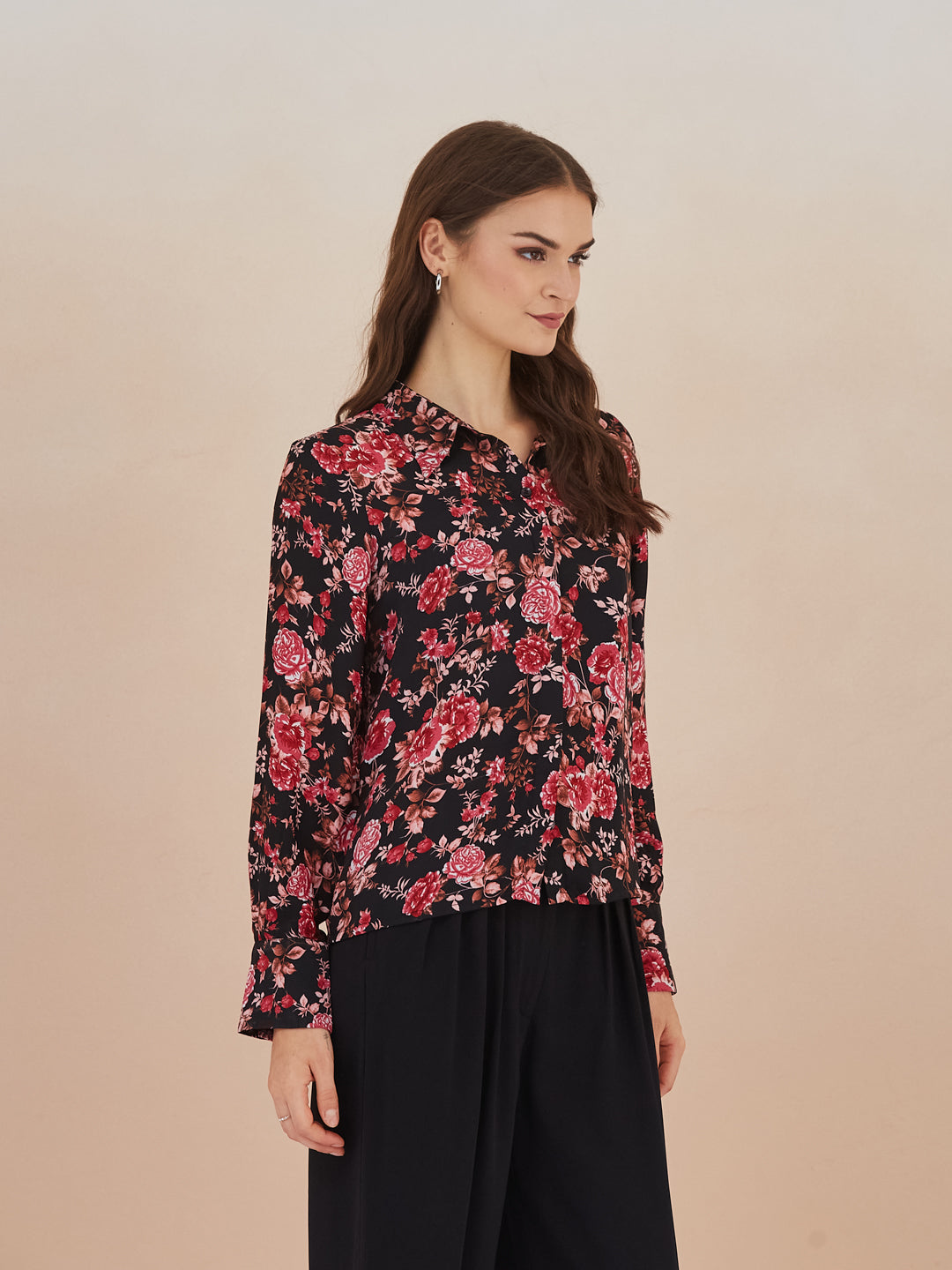 Latin Quarters Women Black Floral Print 3/4Th Sleeves Collared Shirt For Casual Wear
