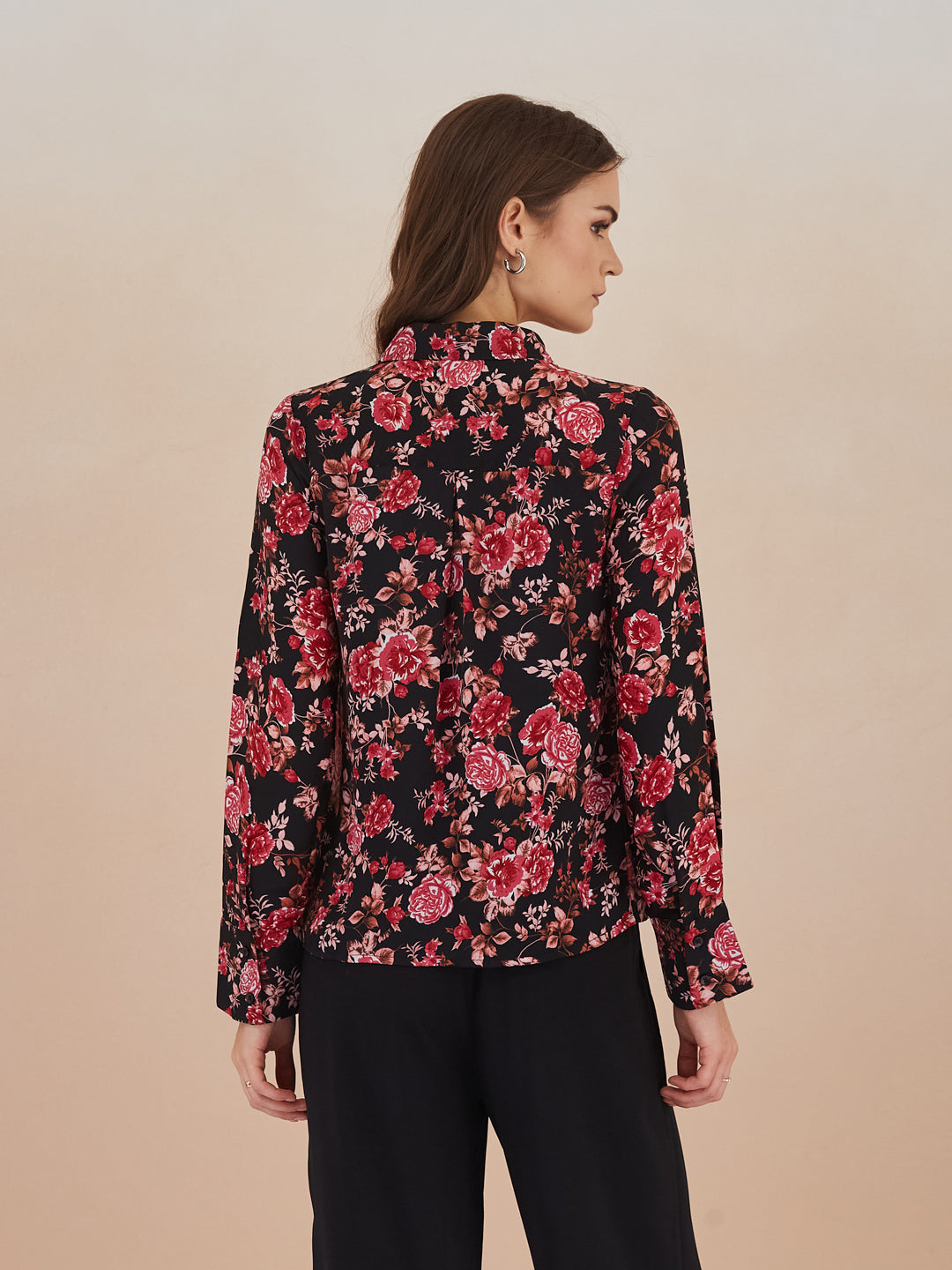 Latin Quarters Women Black Floral Print 3/4Th Sleeves Collared Shirt For Casual Wear