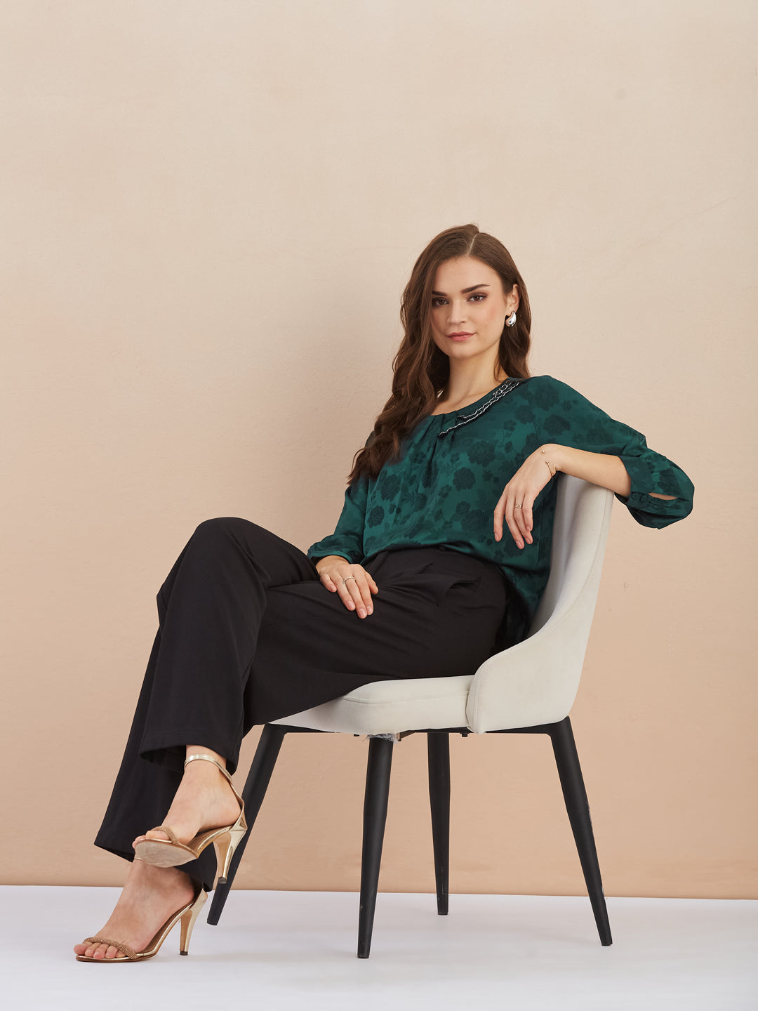 Latin Quarters Women Green Floral Print Round Neck 3/4Th Sleeves Top for Party Occasion