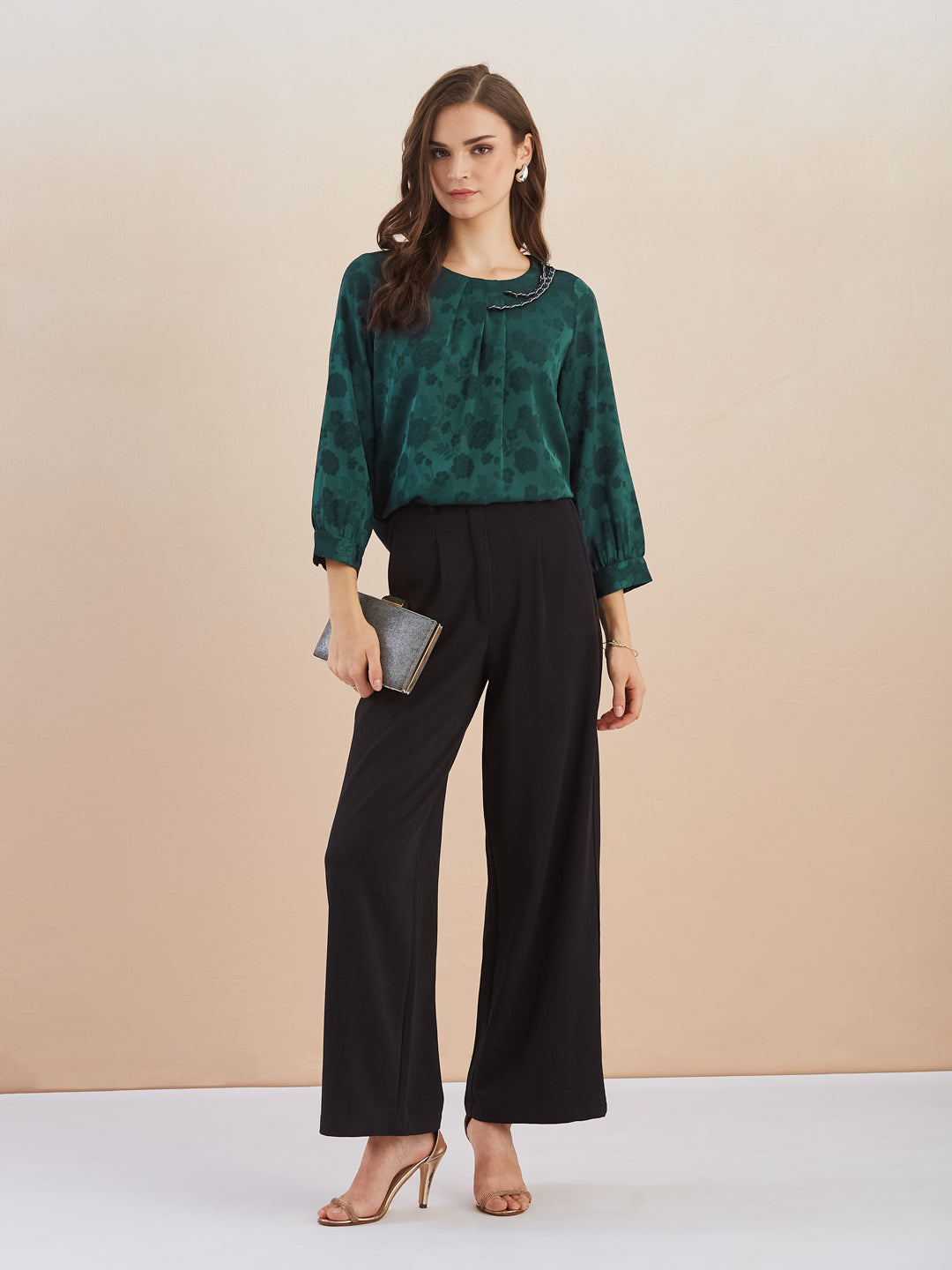 Latin Quarters Women Green Floral Print Round Neck 3/4Th Sleeves Top for Party Occasion