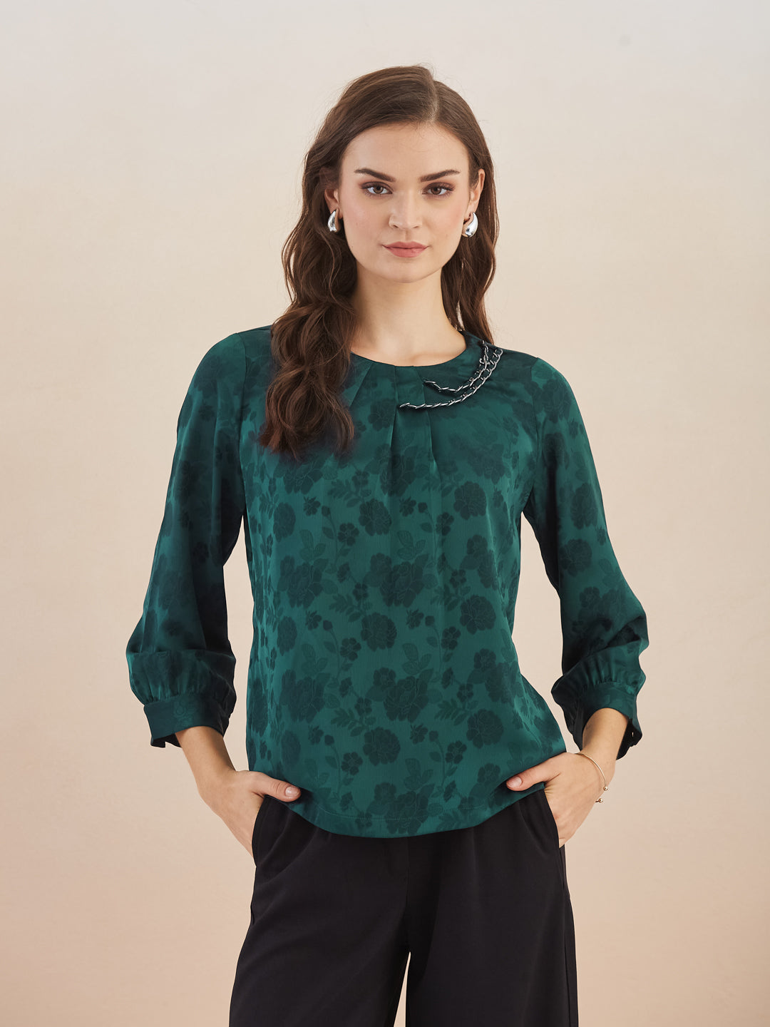 Latin Quarters Women Green Floral Print Round Neck 3/4Th Sleeves Top for Party Occasion