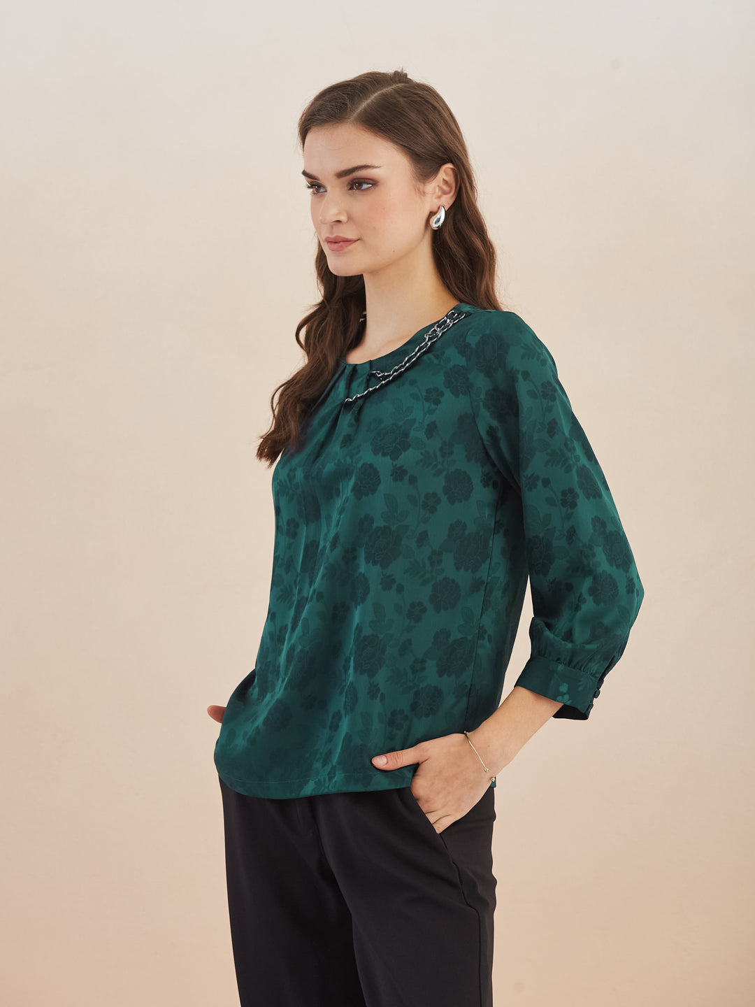 Latin Quarters Women Green Floral Print Round Neck 3/4Th Sleeves Top for Party Occasion