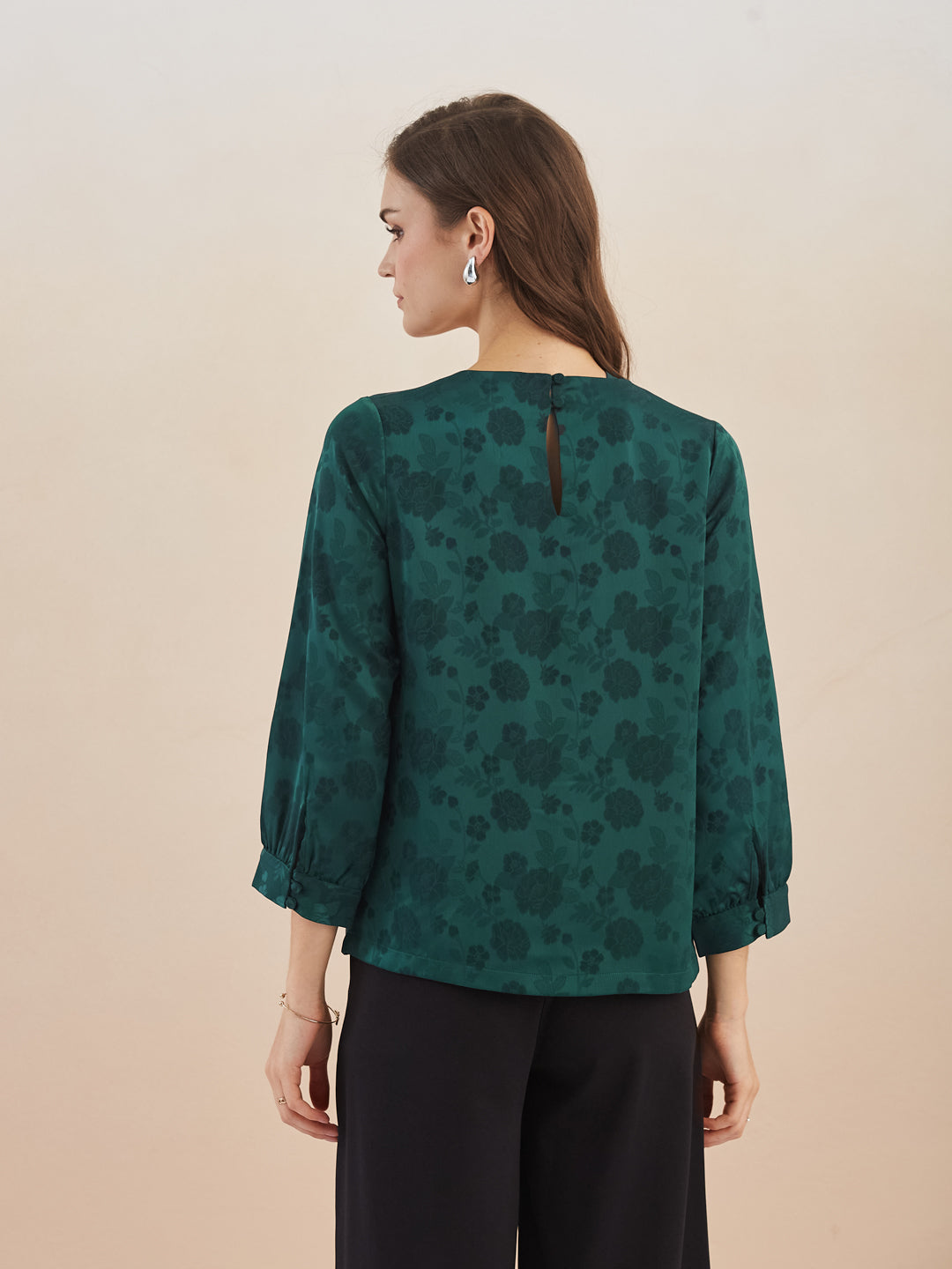 Latin Quarters Women Green Floral Print Round Neck 3/4Th Sleeves Top for Party Occasion