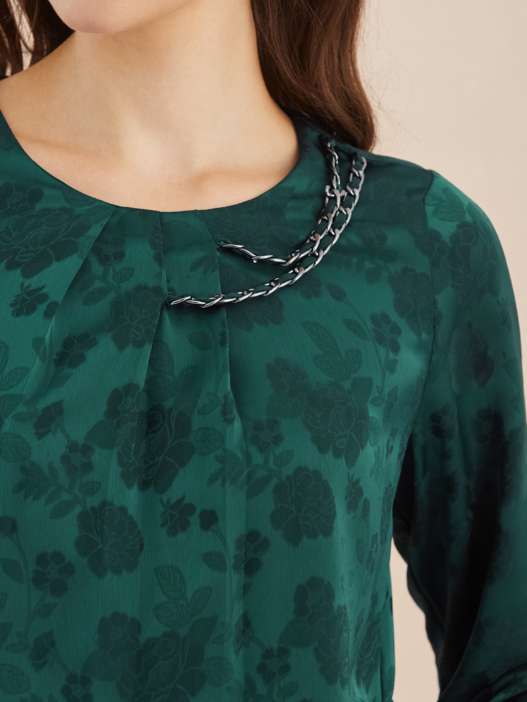 Latin Quarters Women Green Floral Print Round Neck 3/4Th Sleeves Top for Party Occasion