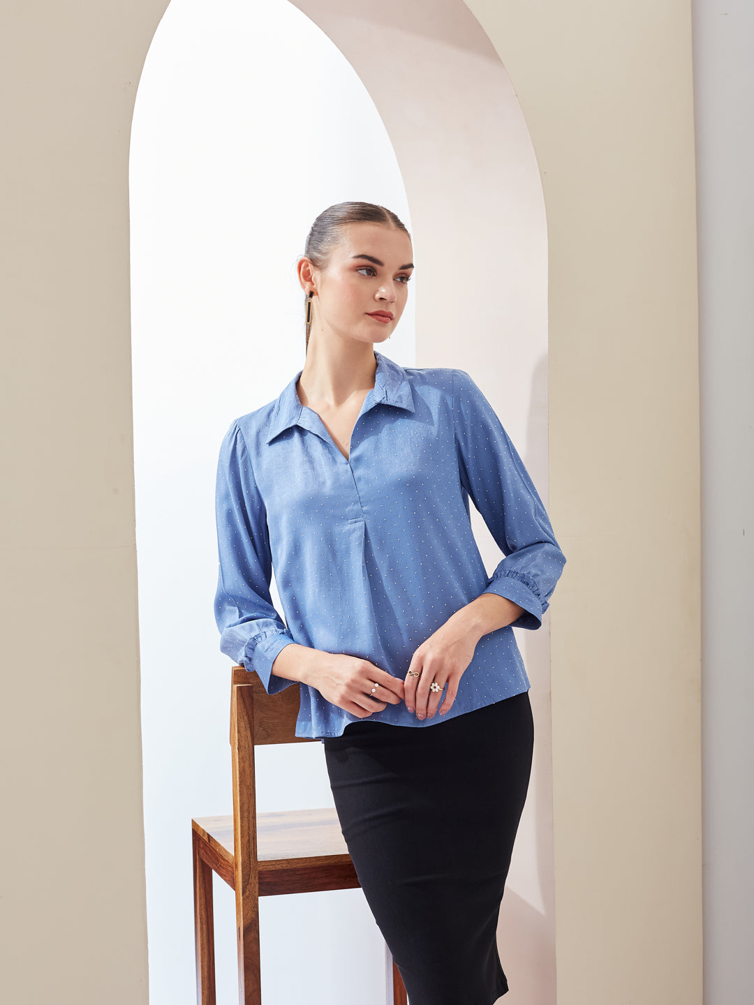 Latin Quarters Women Blue Solid Spread Collar 3/4th Sleeve Casual Regular Top